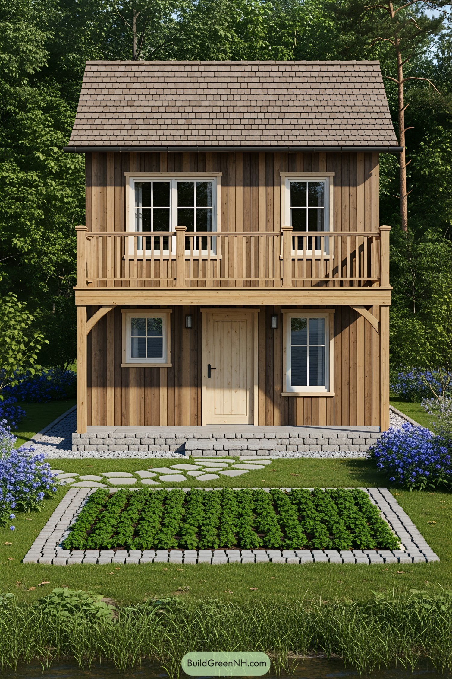 Small wooden house with a garden in the front