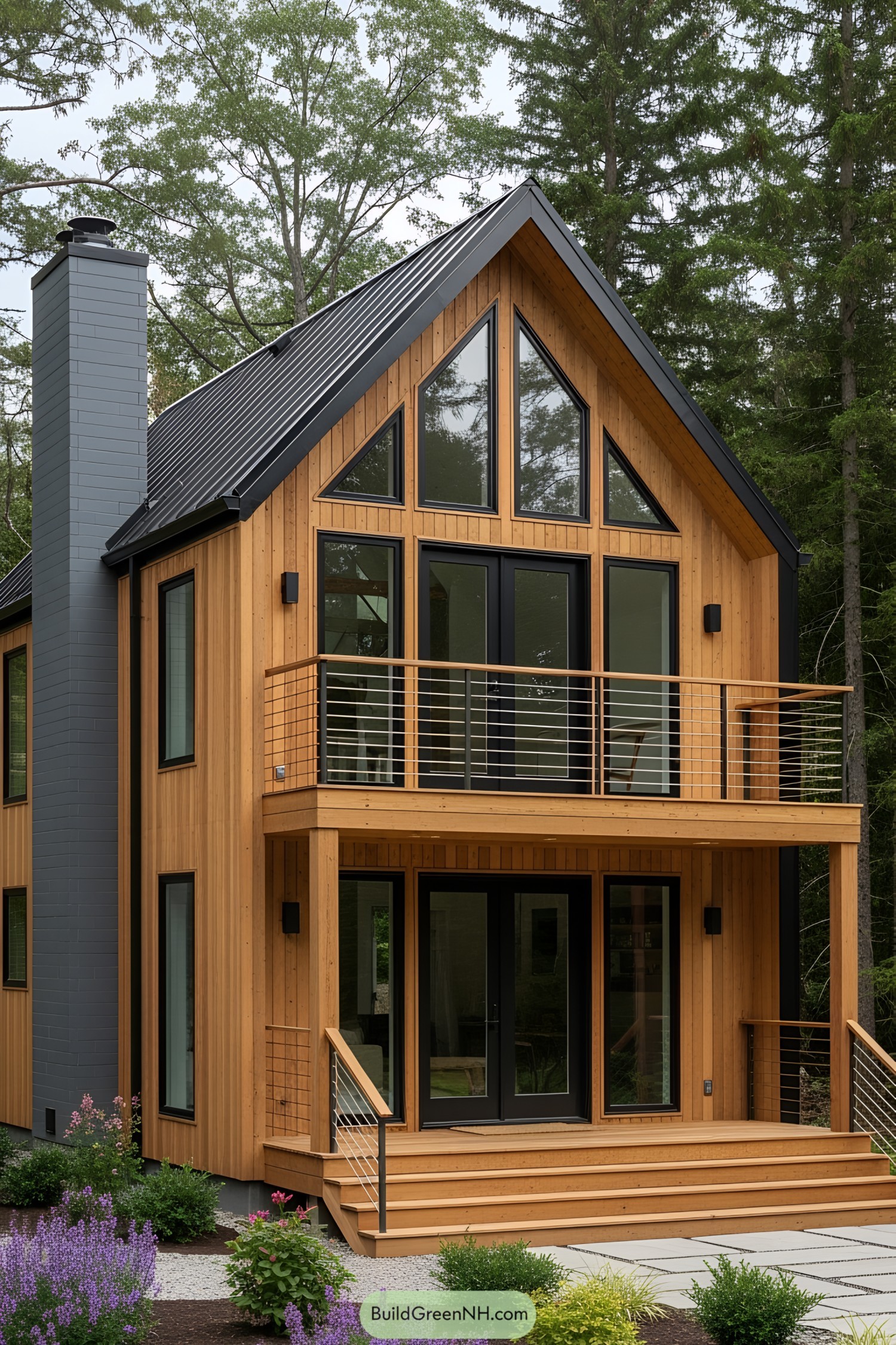 Tiny wooden house with large windows in a forest setting
