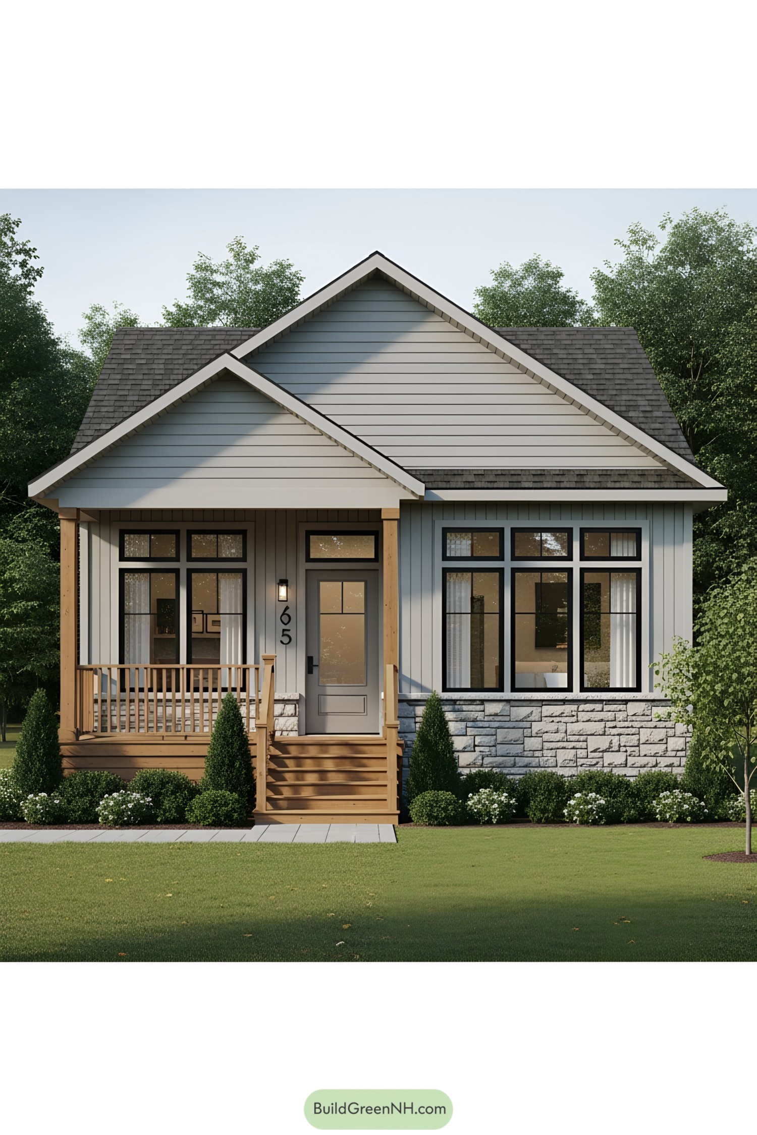 Compact house with a charming porch and lush greenery