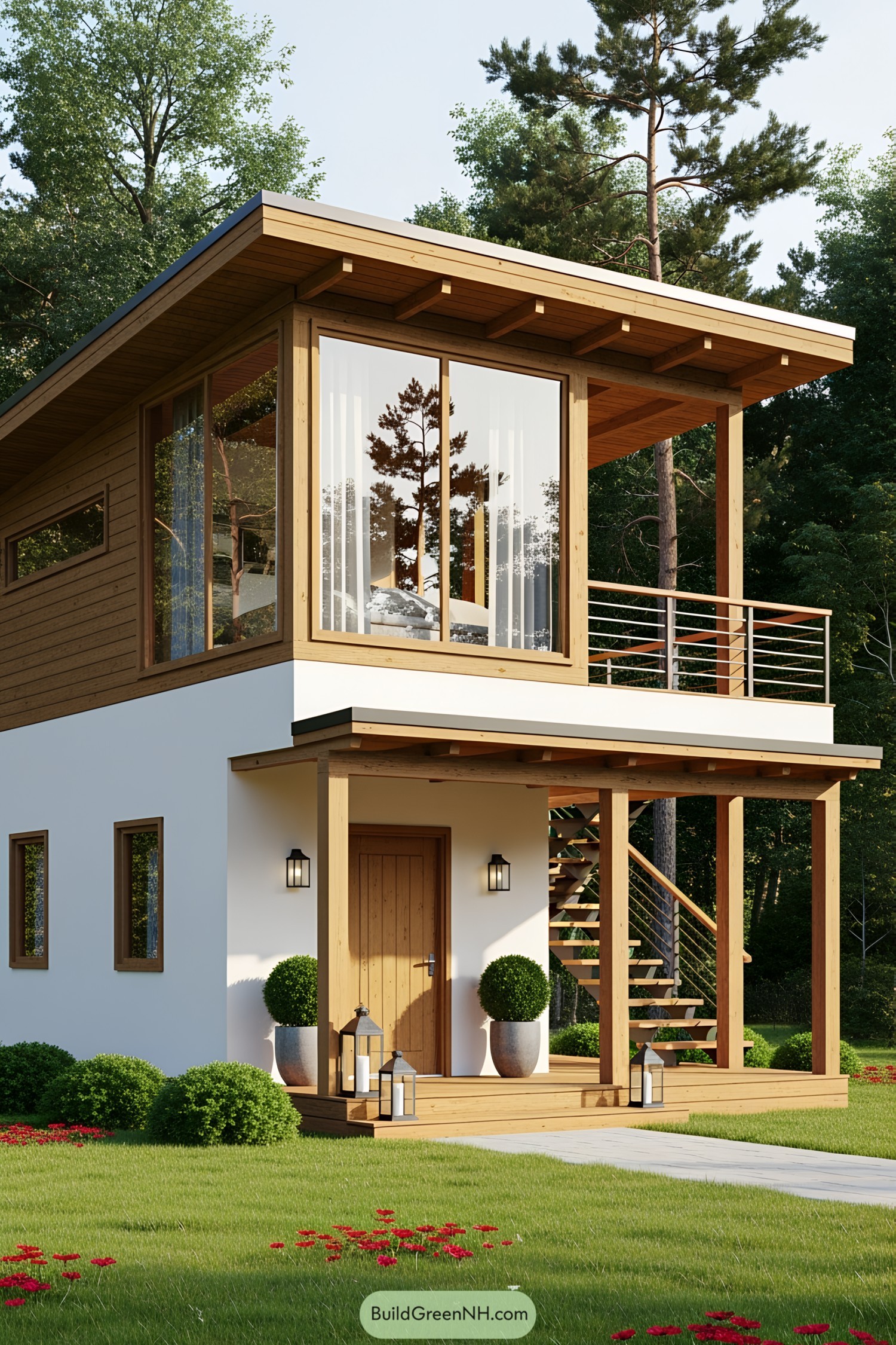 A modern two-story tiny house with large windows and wooden accents nestled in the forest