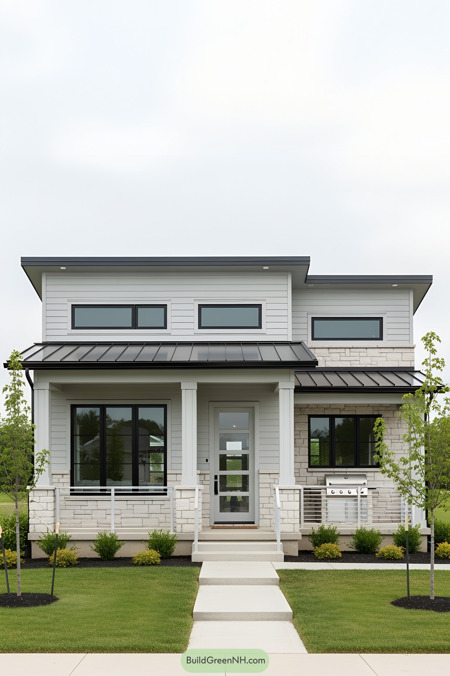 Compact modern house with large windows and a metal roof
