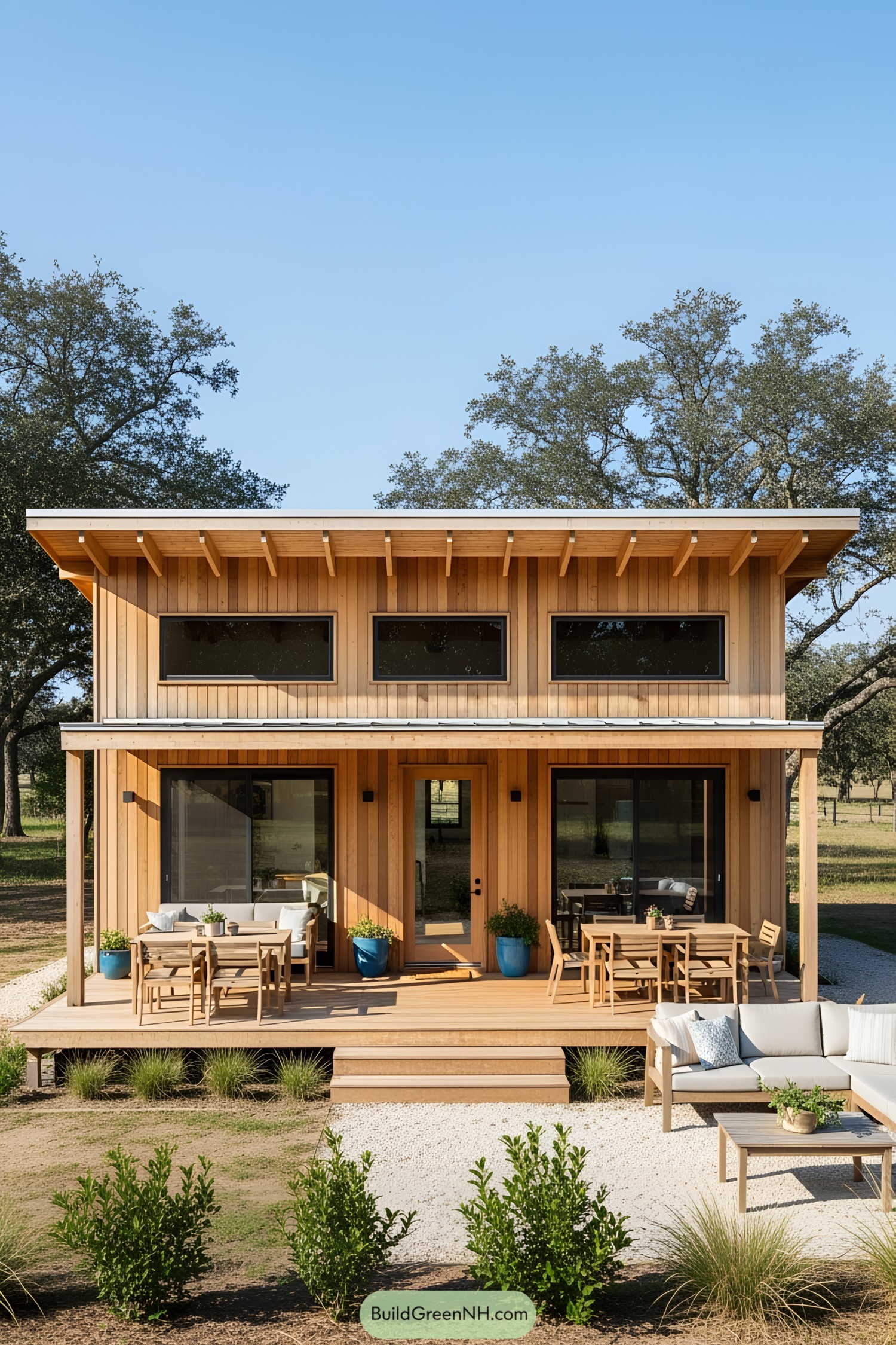Tiny wooden house with a porch and outdoor seating