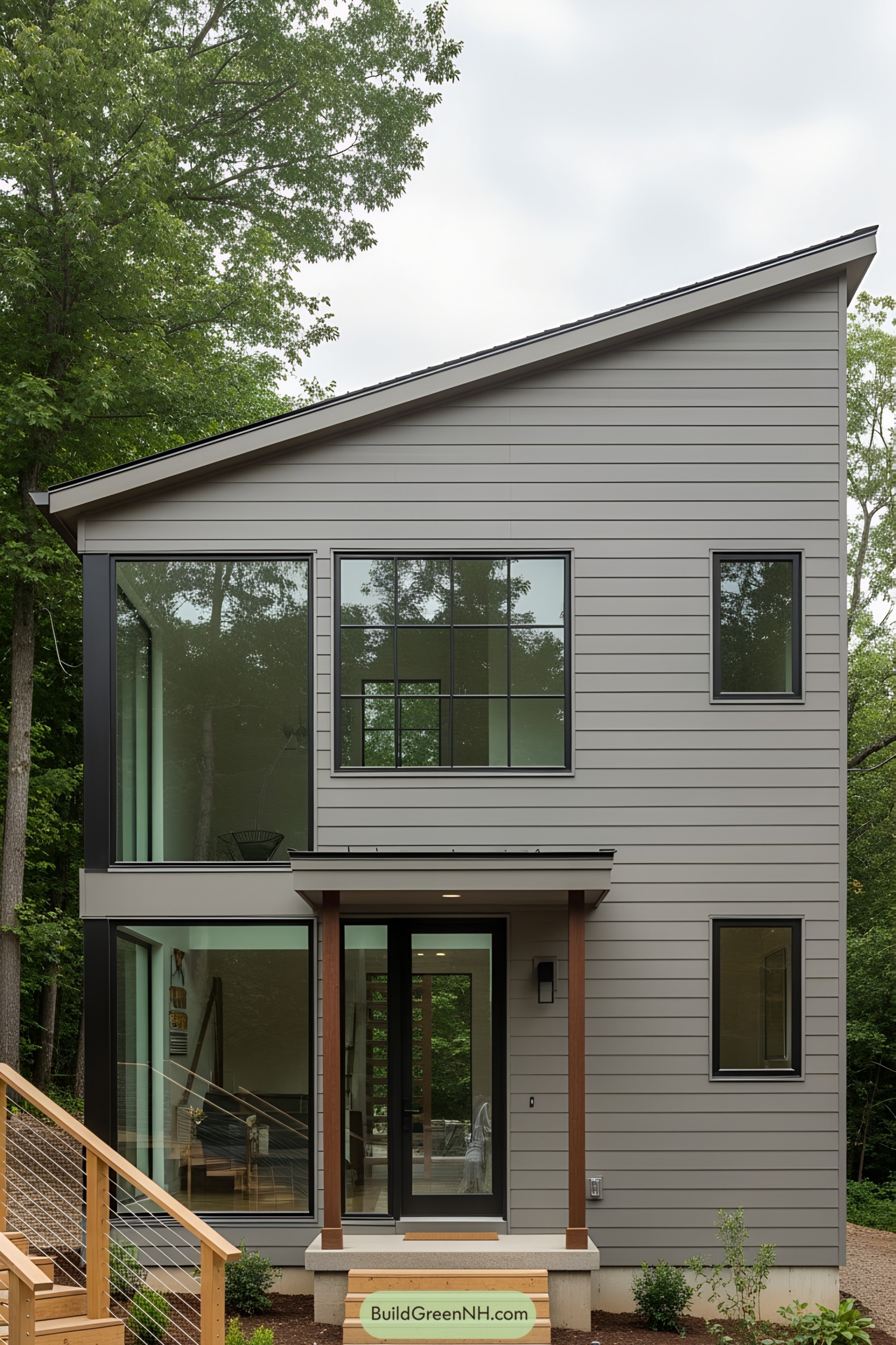 Compact gray-clad house with large windows and lush surroundings