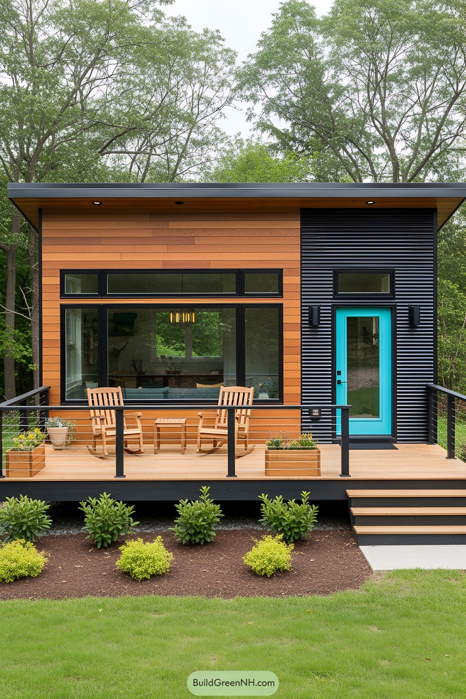 Compact modern house with wooden and metal facade, featuring a bright blue door