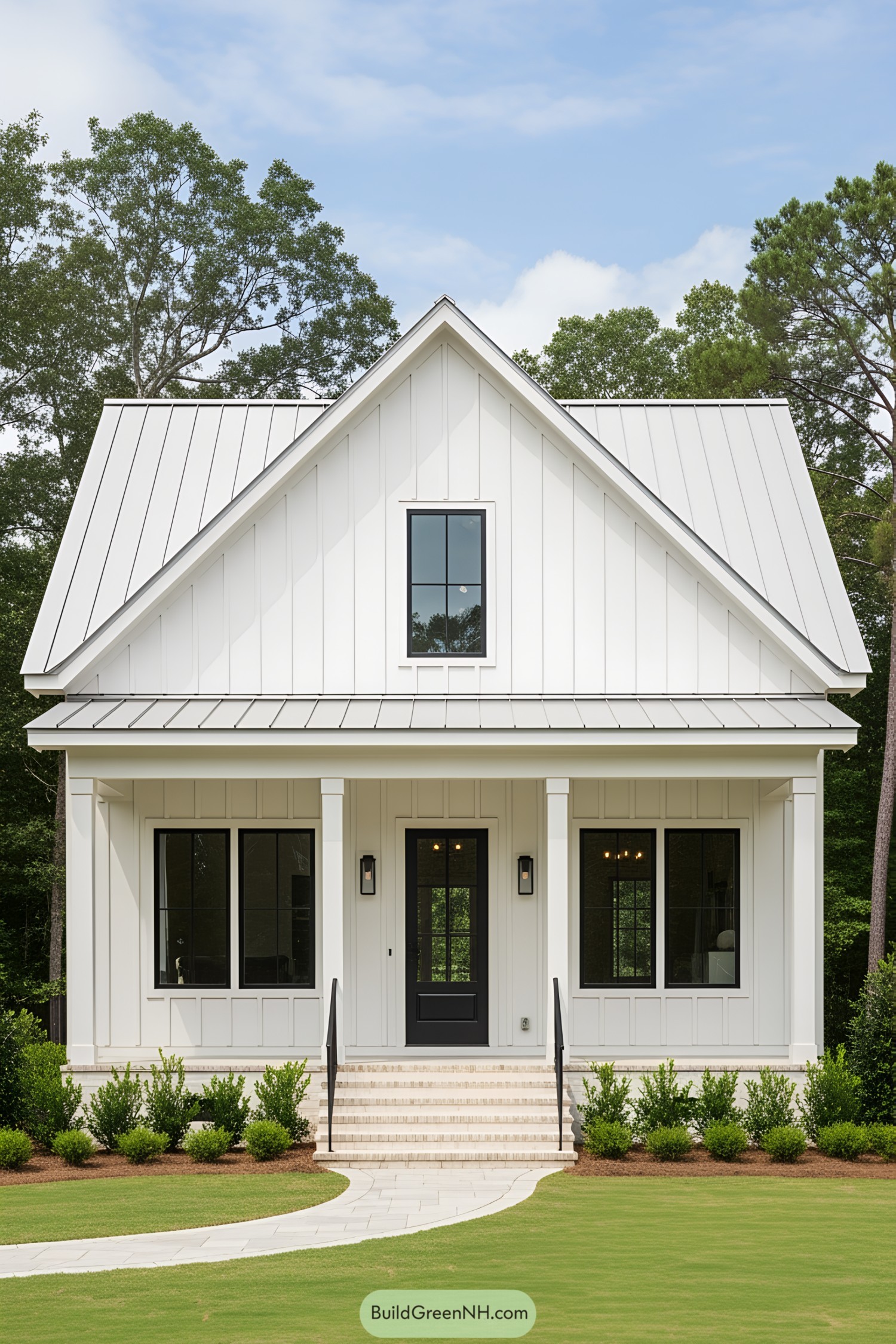 Compact white house with a gabled roof surrounded by trees