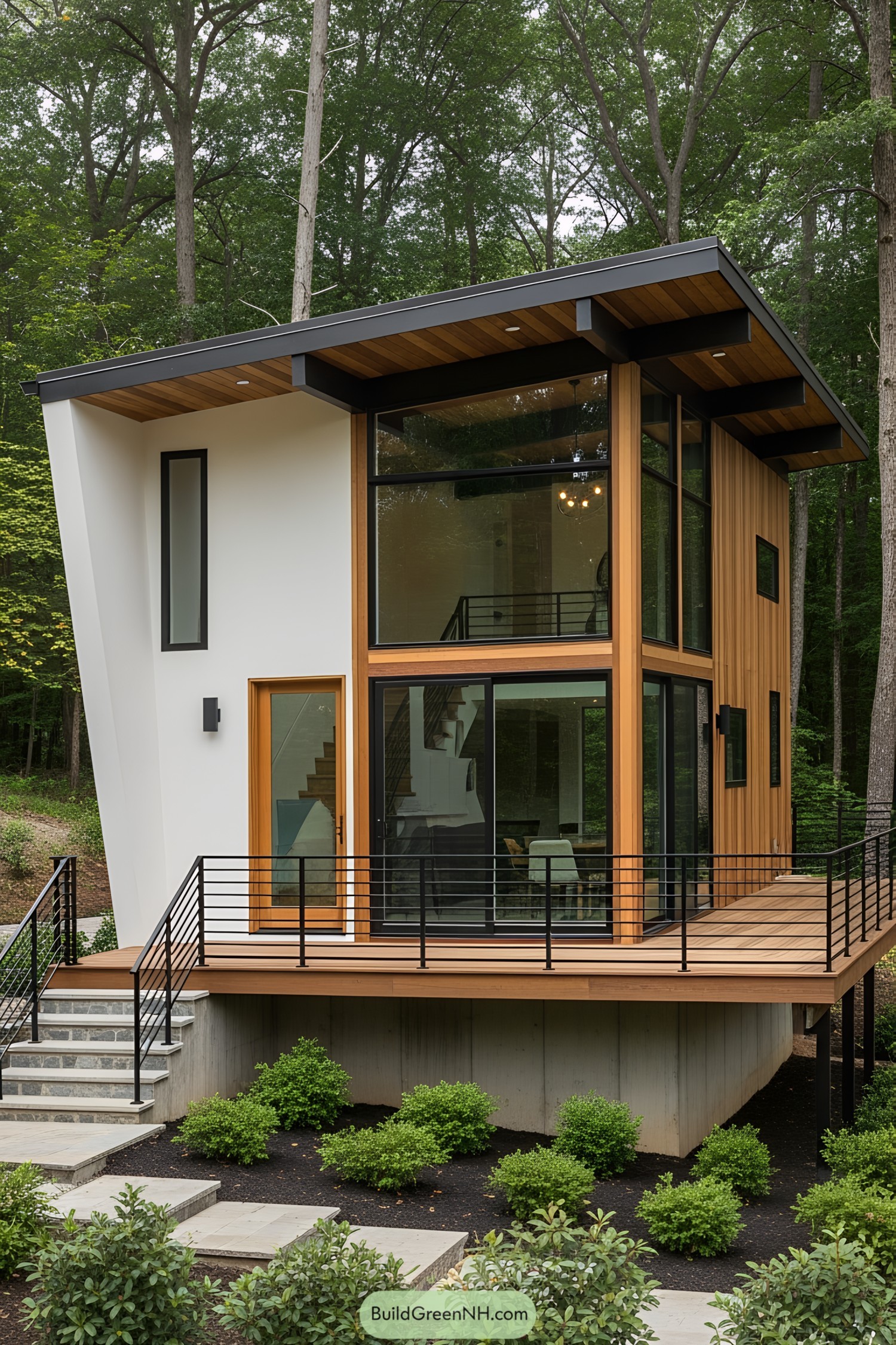 A sleek tiny house with large glass windows and wooden accents