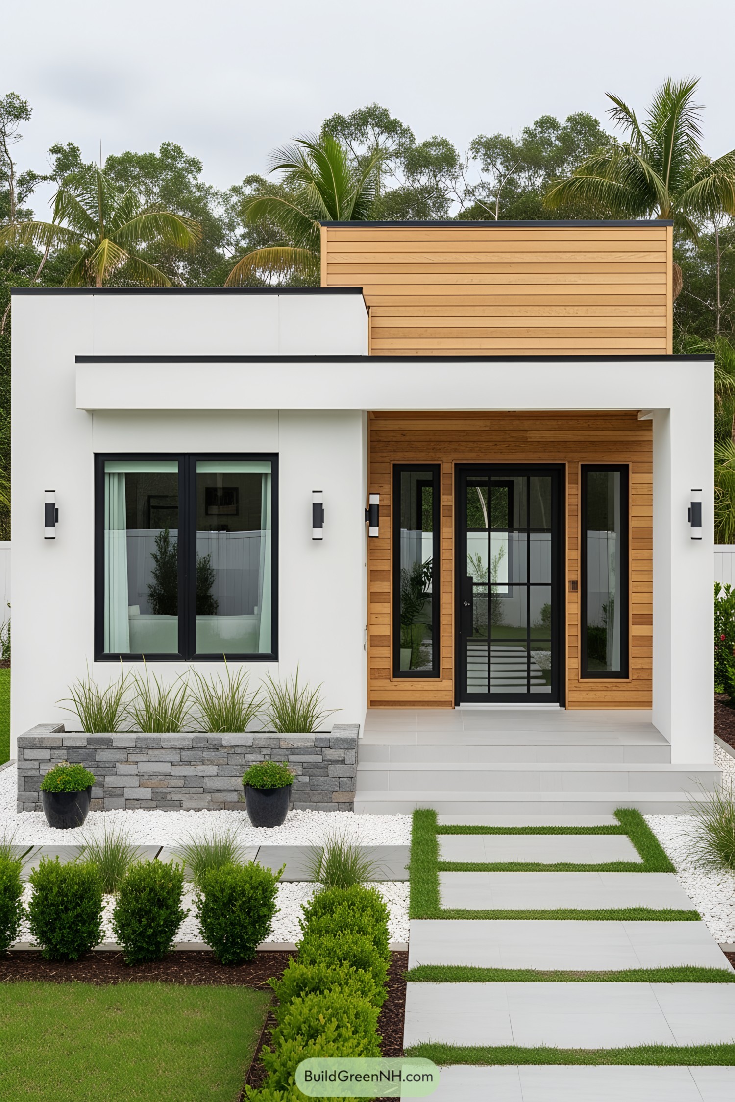 Small modern house with wood and white accents, surrounded by greenery