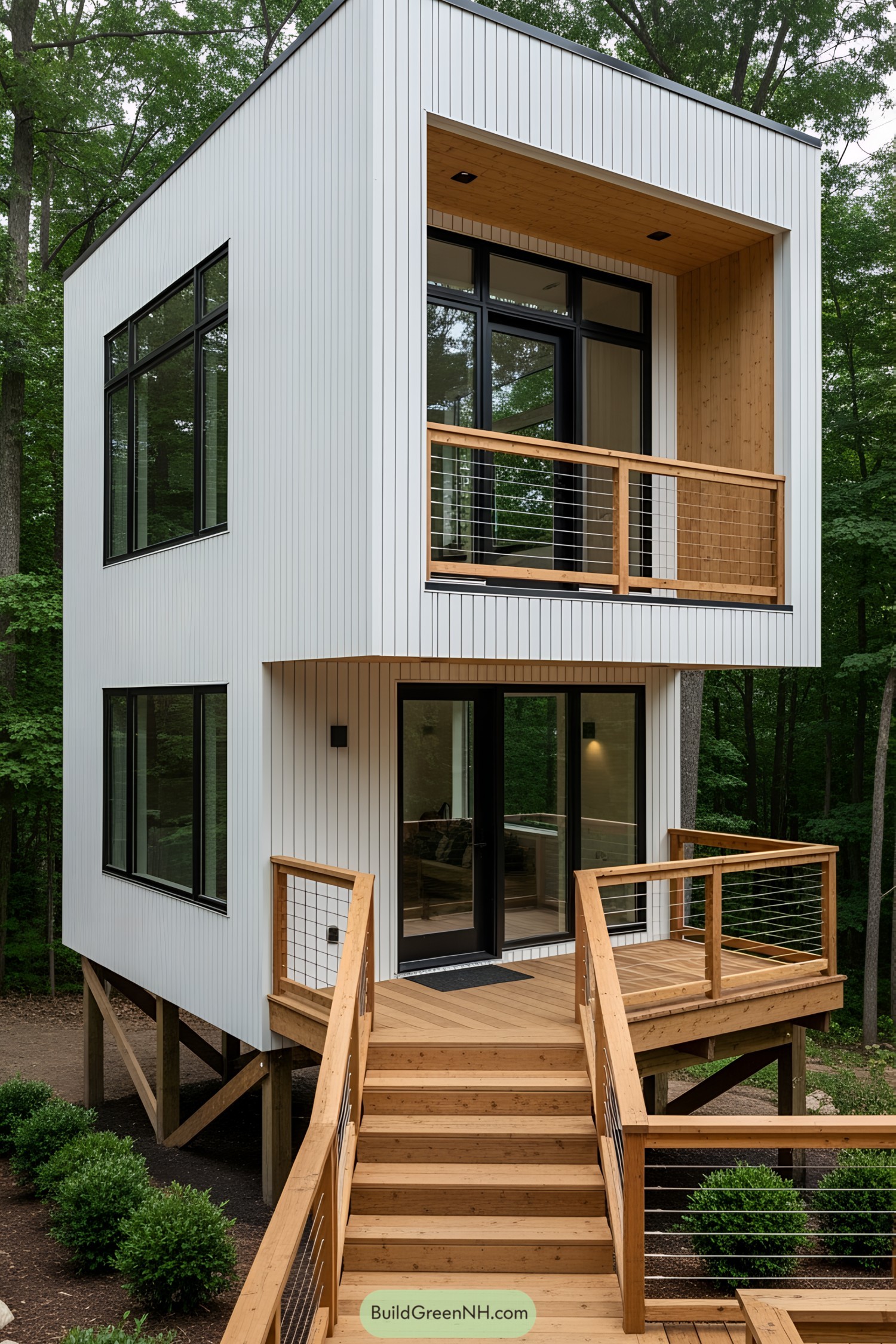 Small two-story house with wood accents and large windows