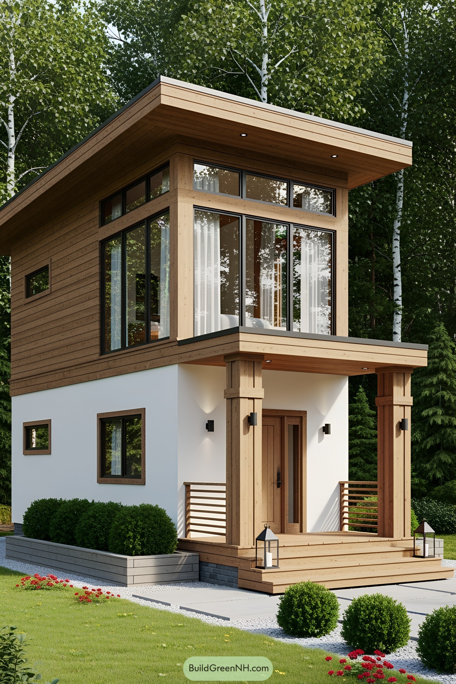A tall tiny house with a modern wood design surrounded by trees
