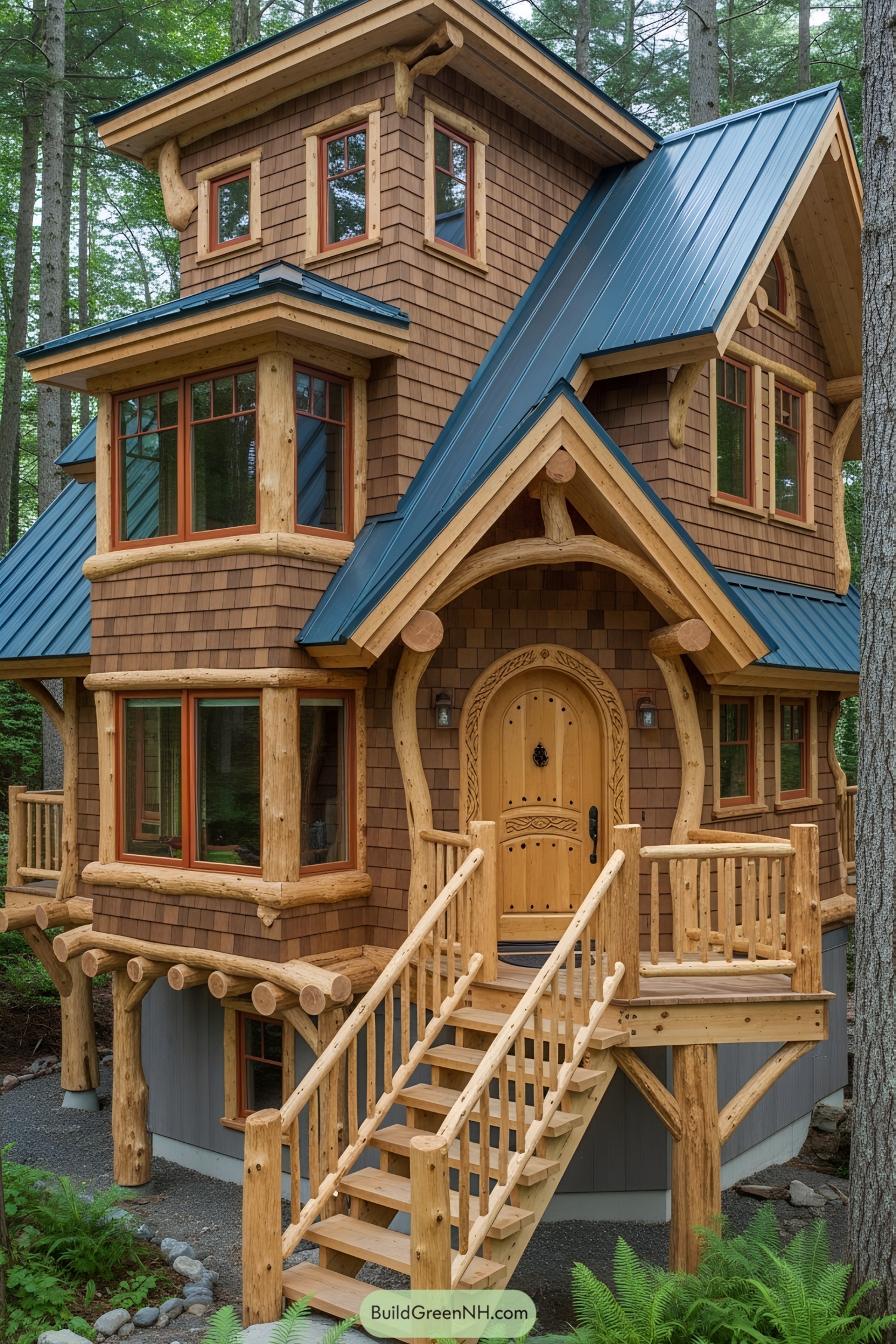 Charming wooden house with steep roof nestled among trees