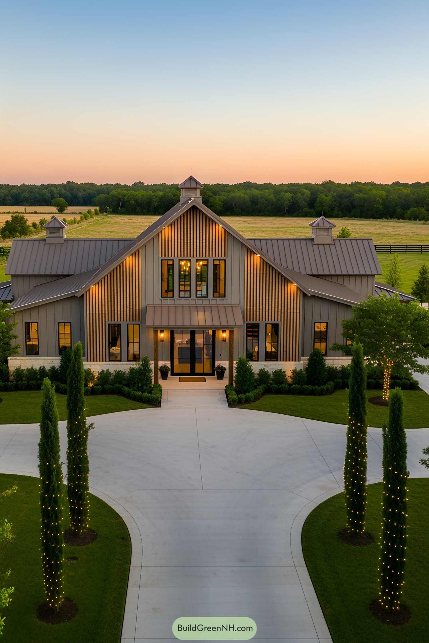 Barndominium with LED lights during sunset