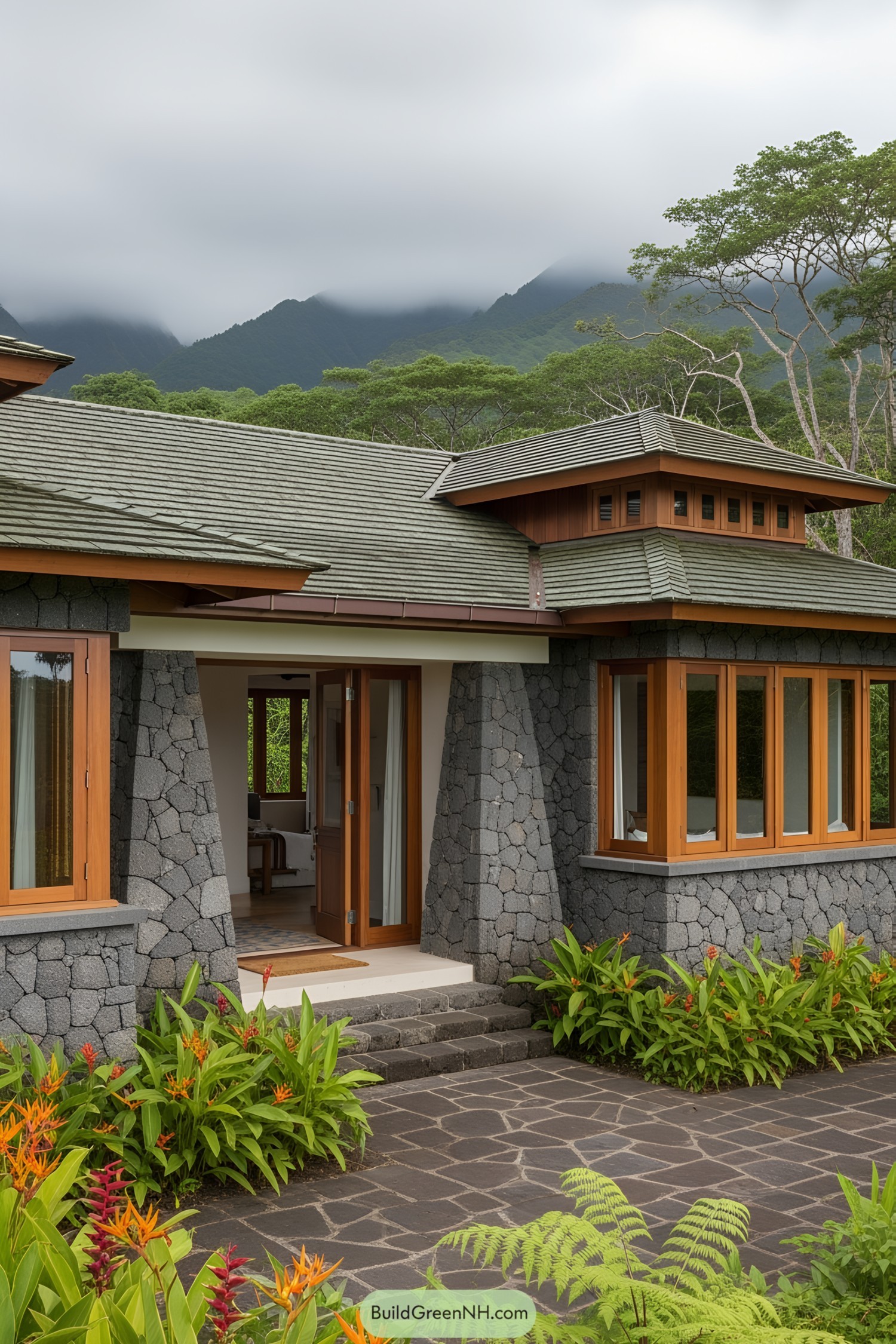 Modern house facade with volcanic stone and lush greenery