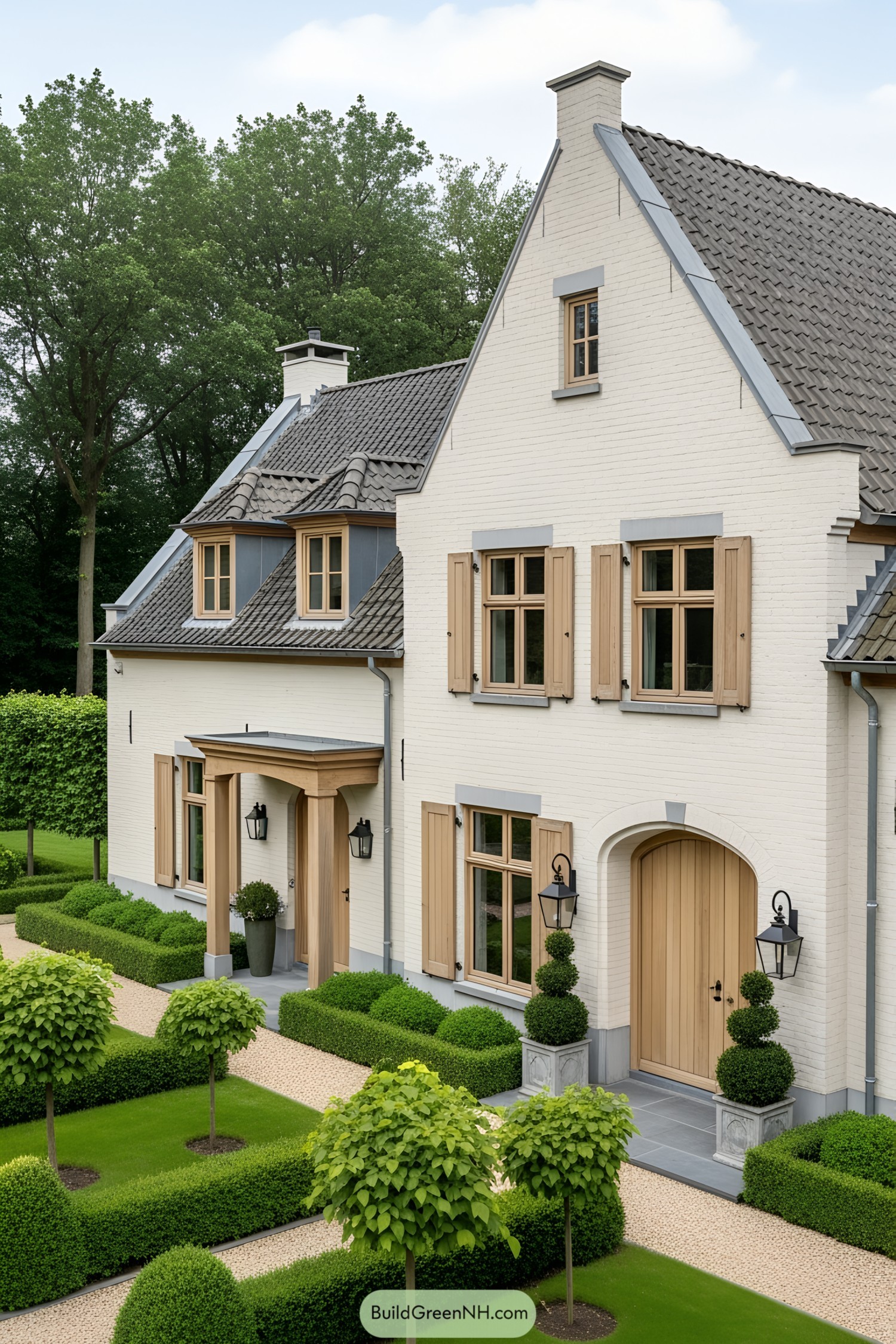 Elegant farmhouse with wooden shutters and manicured garden