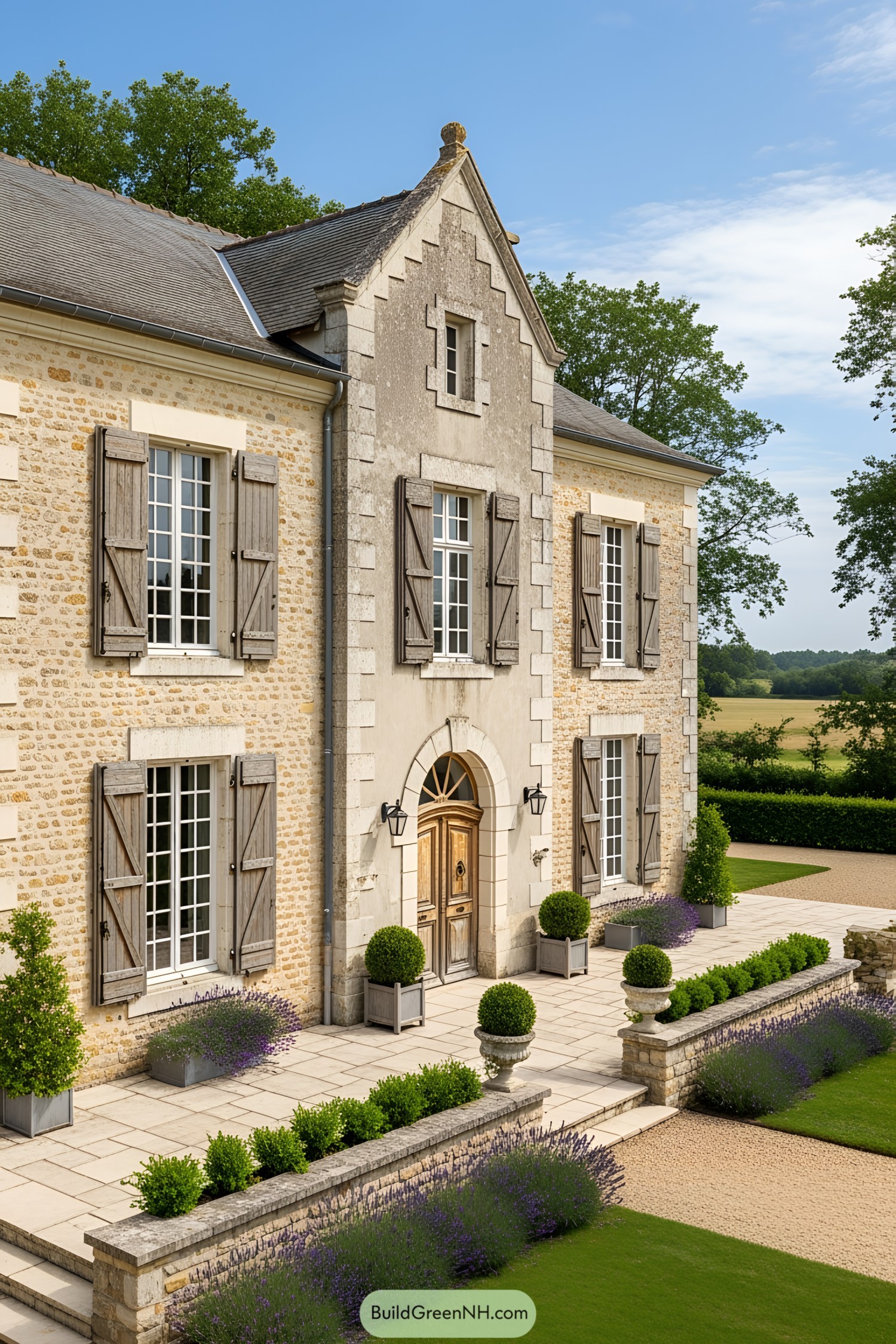 Traditional European farmhouse with wooden shutters