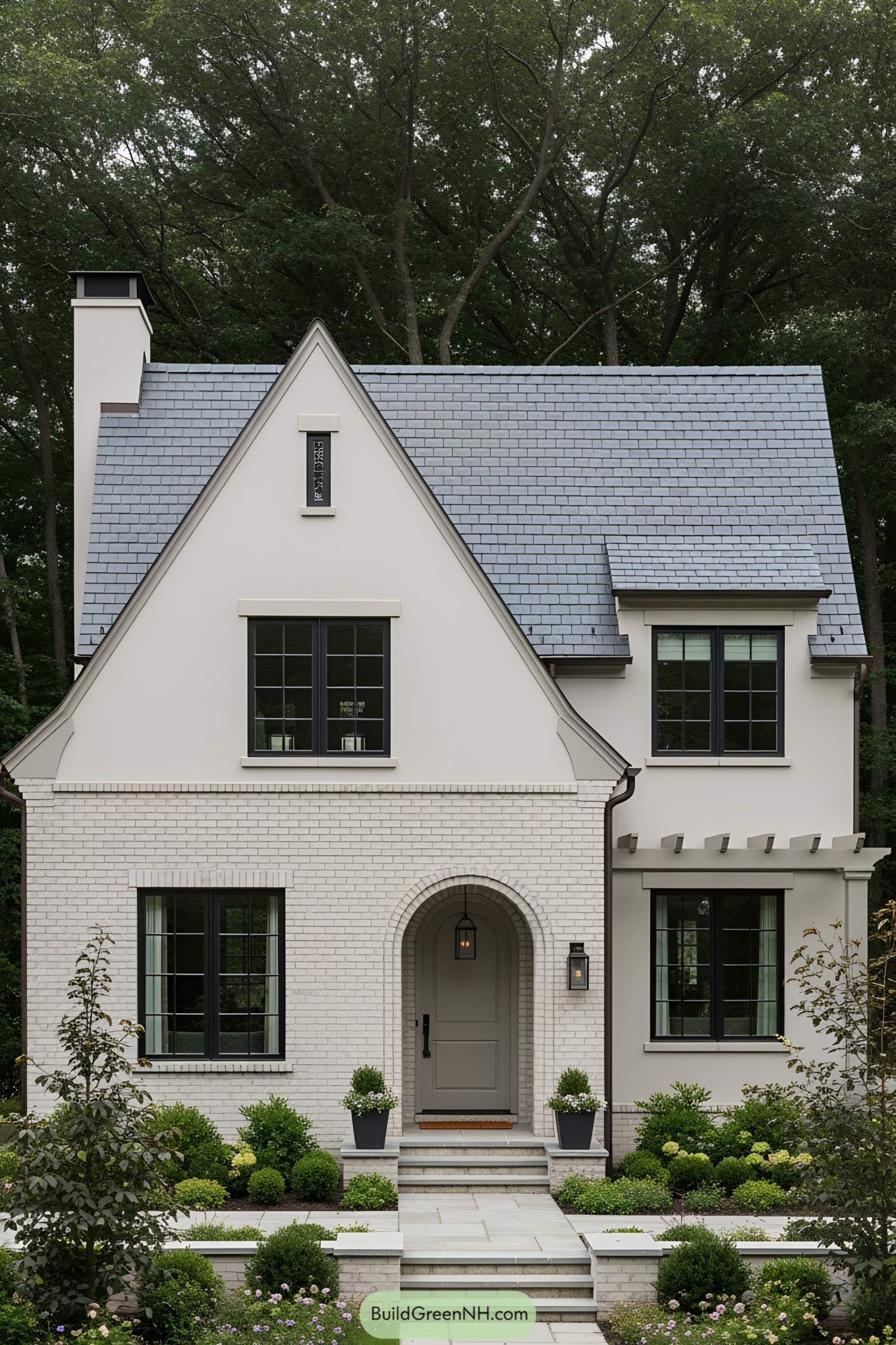 Charming farmhouse with gabled roof and lush greenery