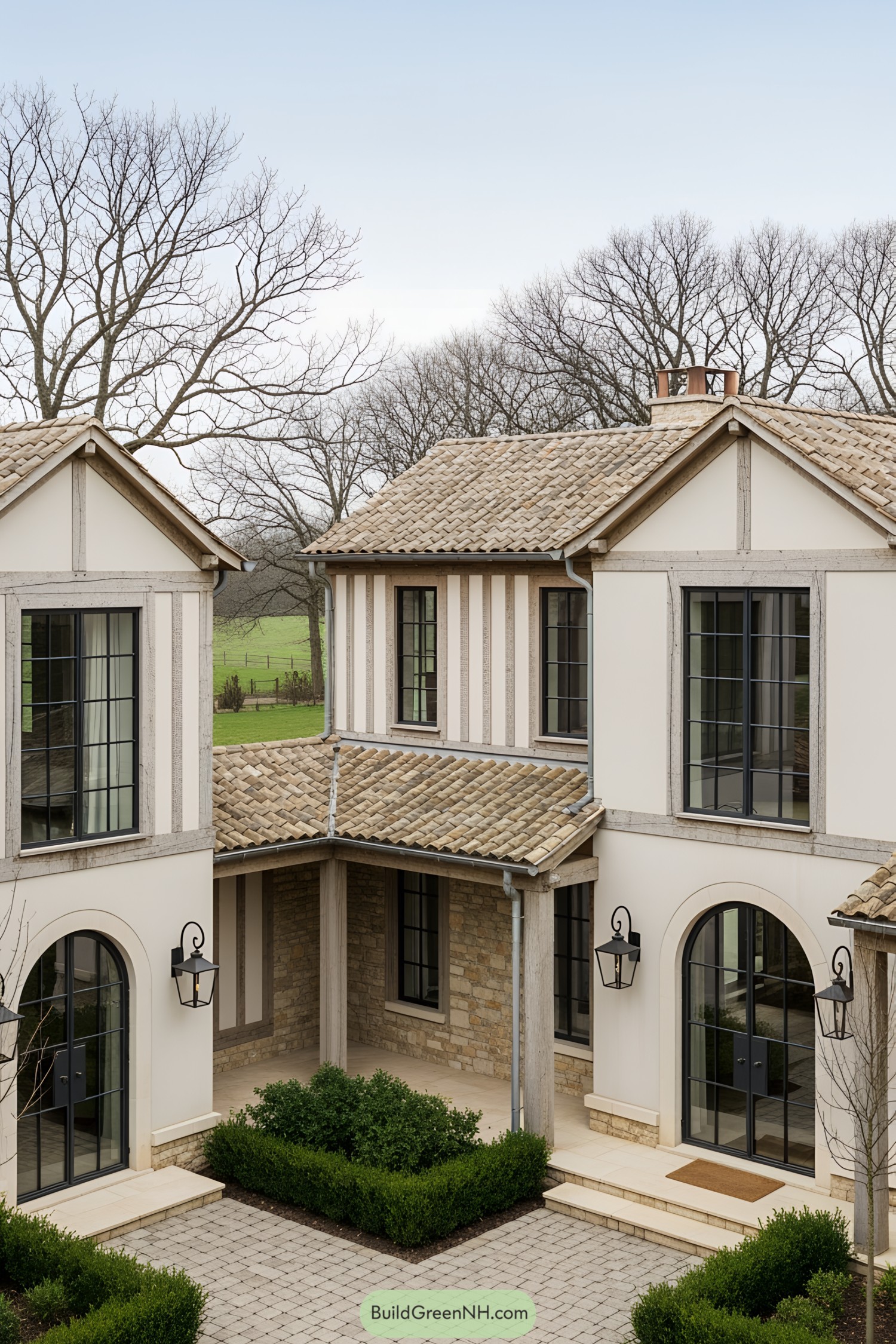 Elegant farmhouse facade with rustic details