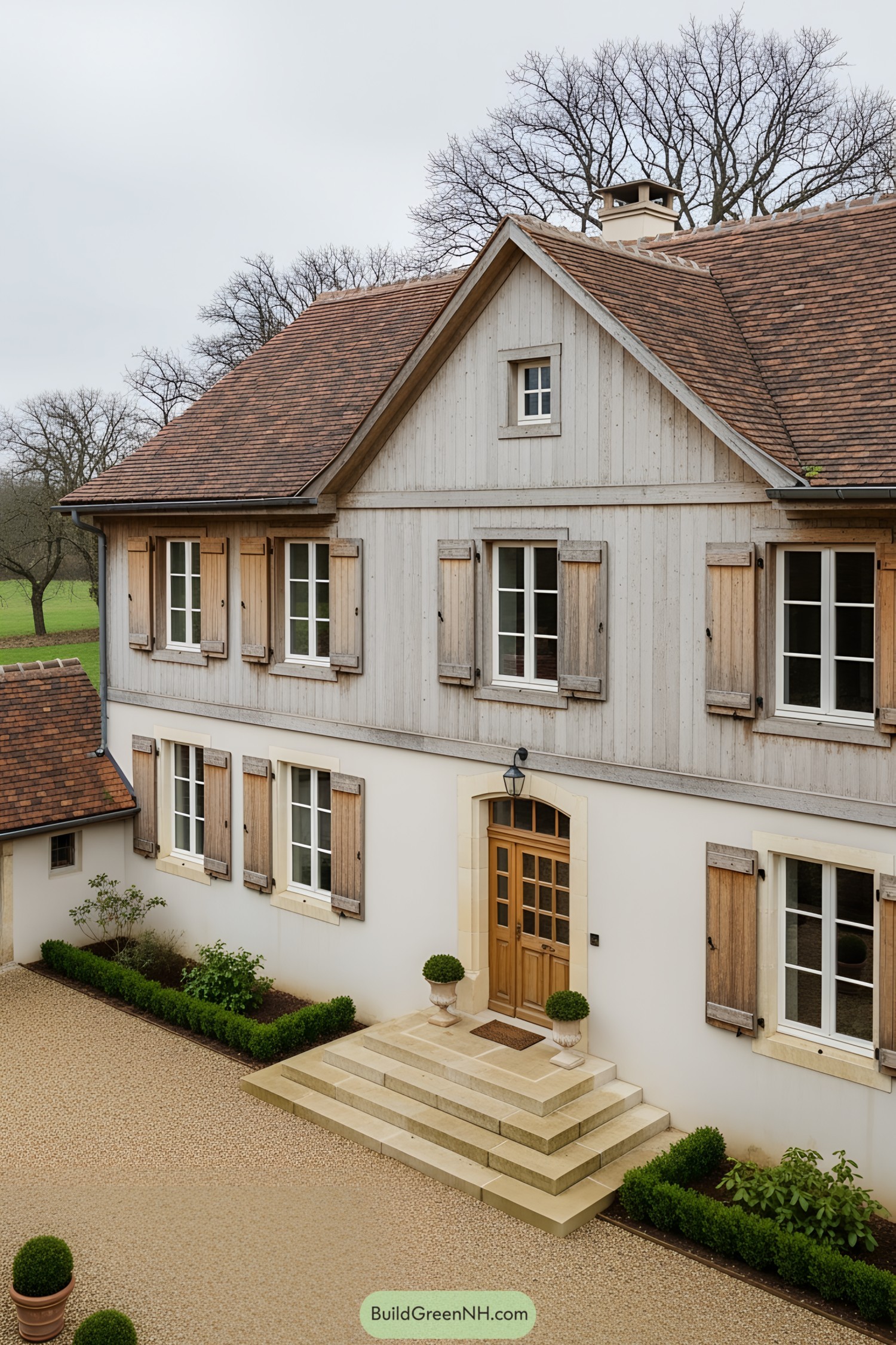 Rustic farmhouse with wooden shutters and sloping roof