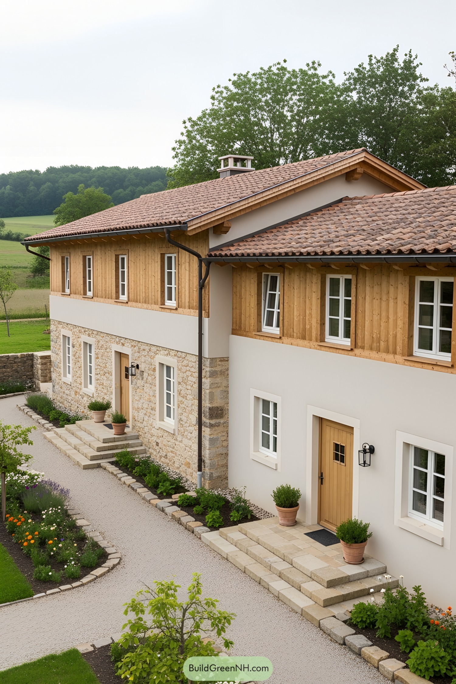 Charming farmhouse with wooden accents and stone foundation