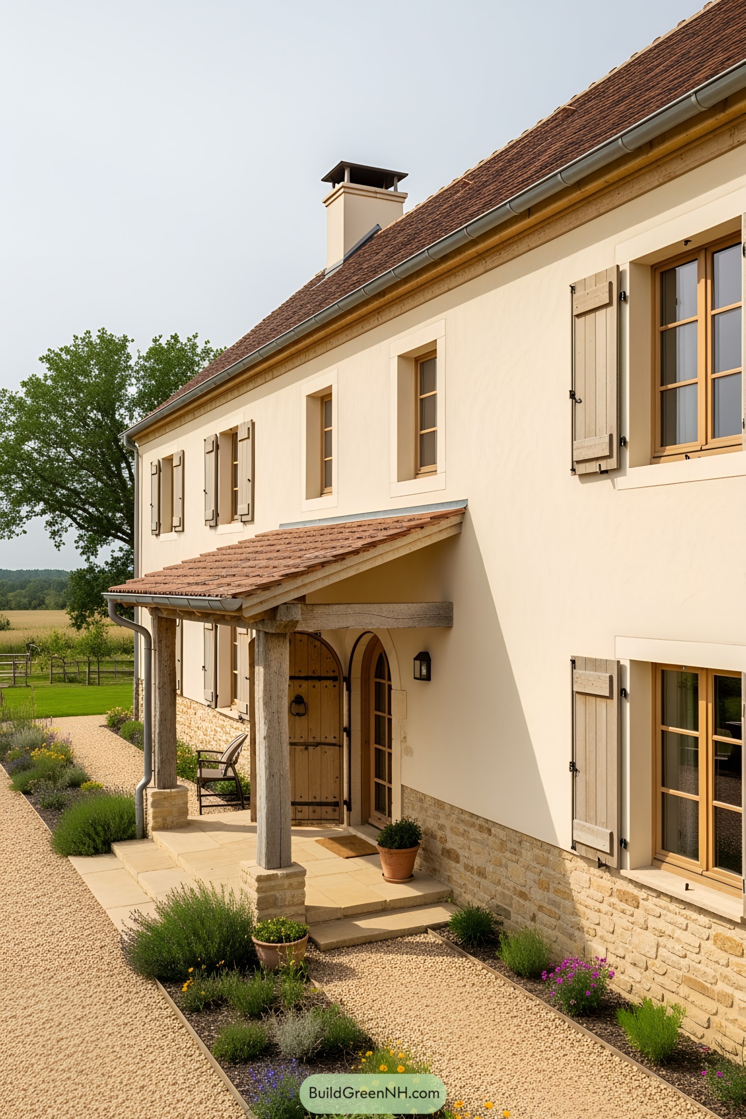 European farmhouse with wooden shutters and stone elements