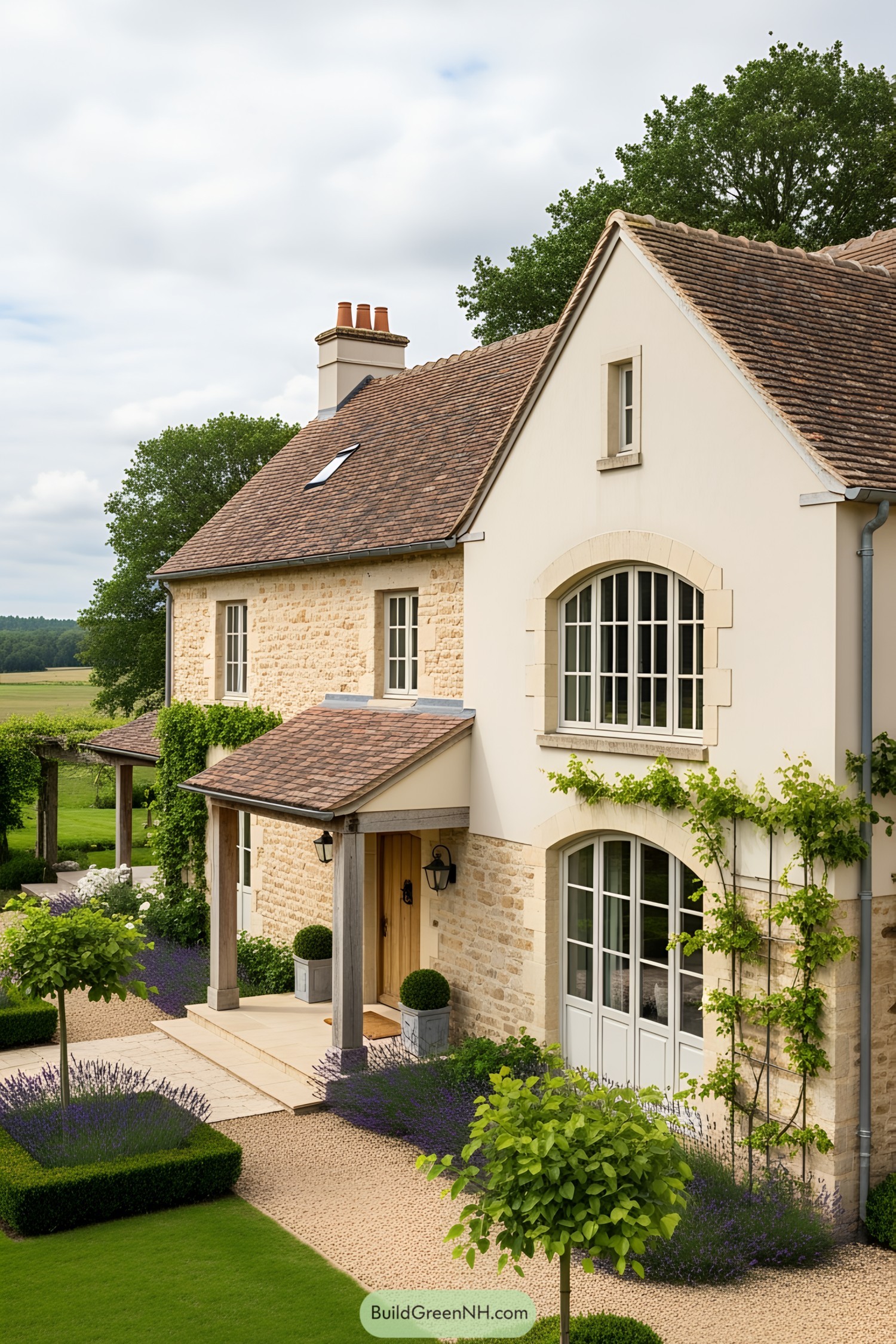 Charming farmhouse with stone facade and floral greenery