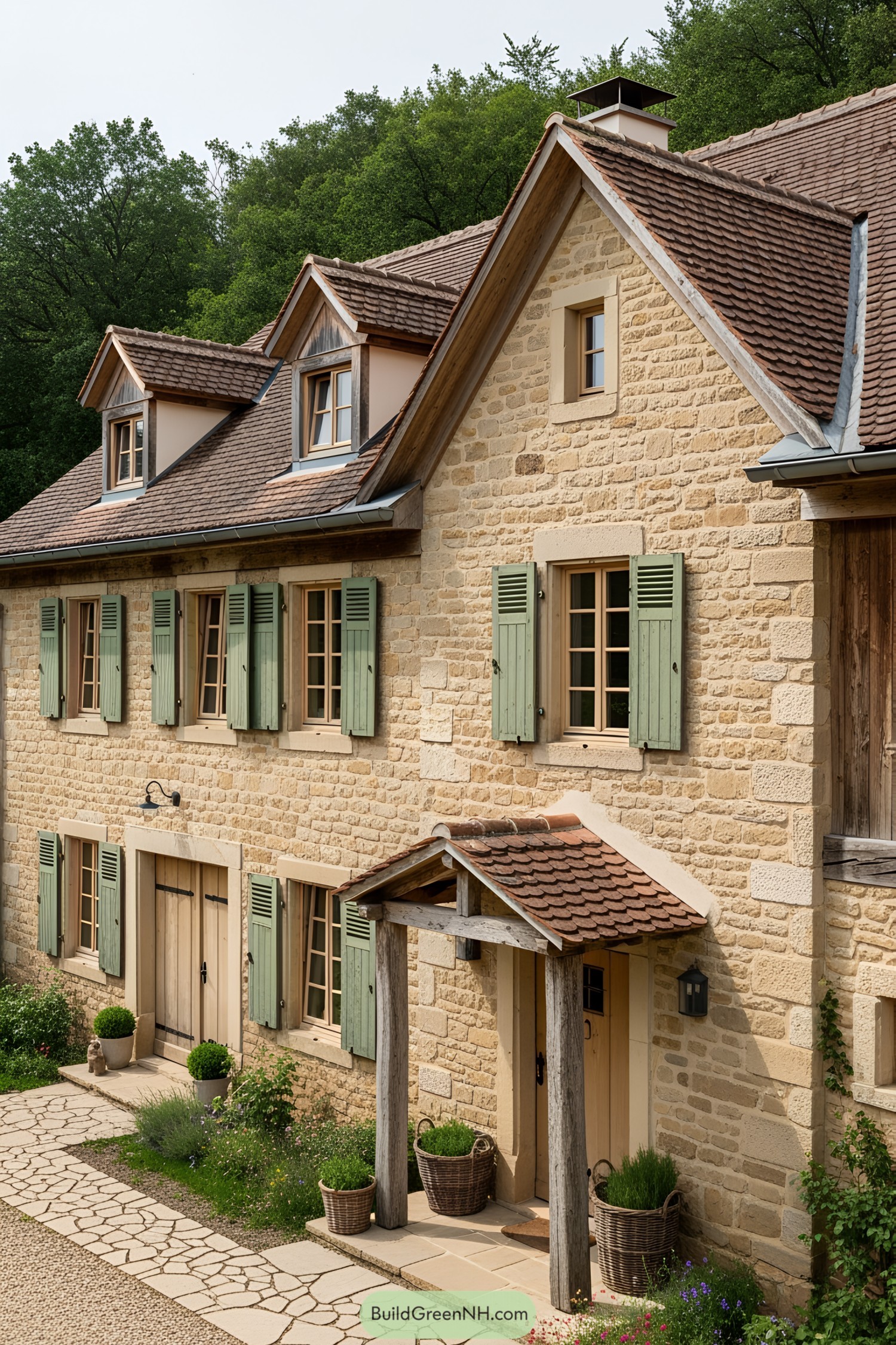 Rustic European farmhouse with green shutters
