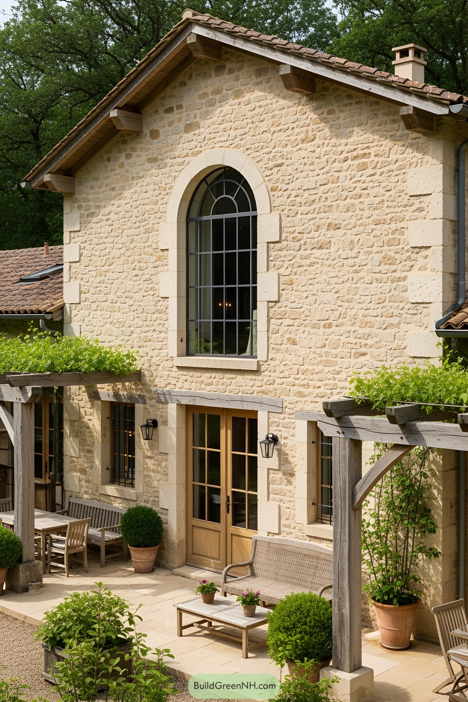Stone farmhouse with arched window and pergola