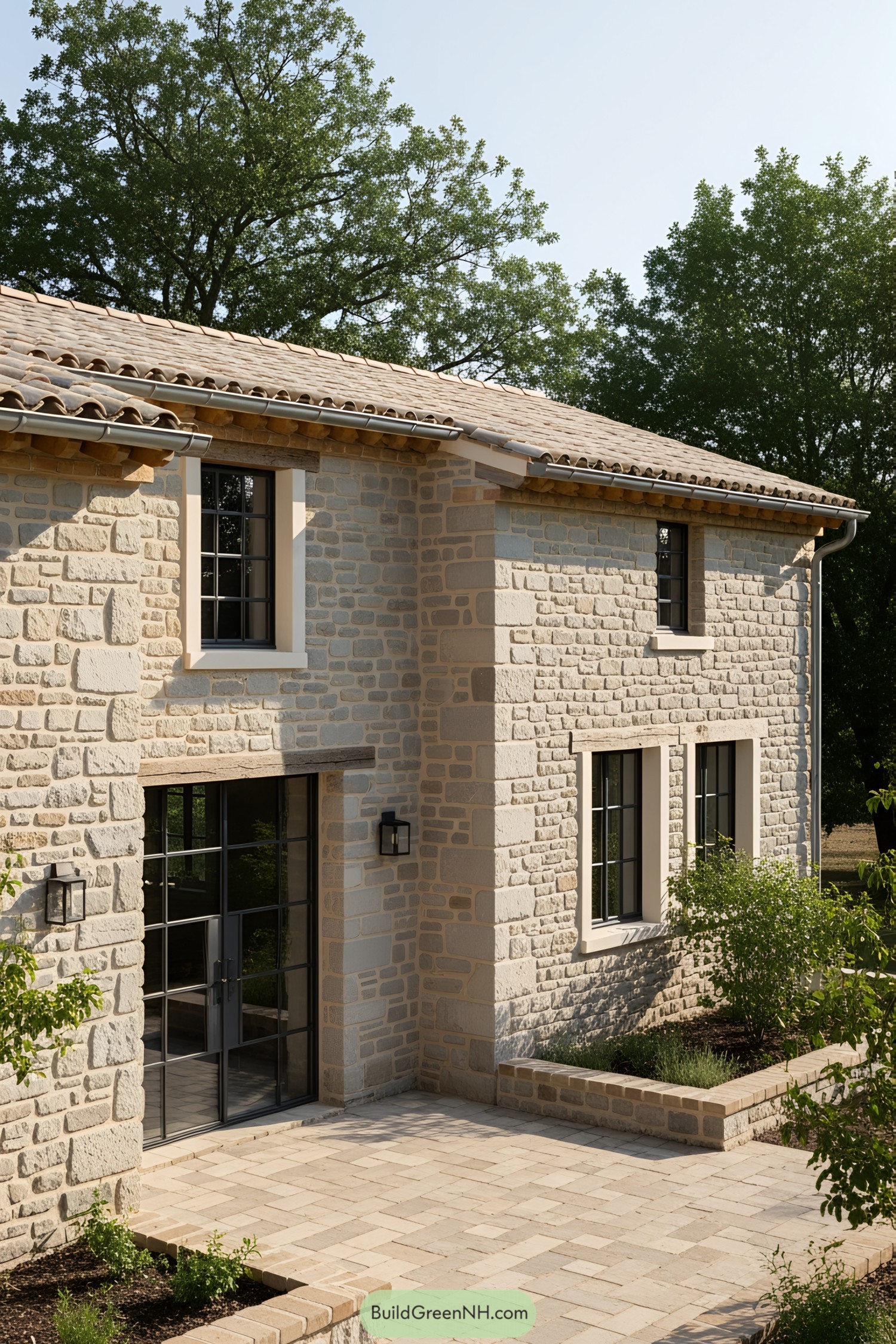 Stone farmhouse with large windows and lush surroundings