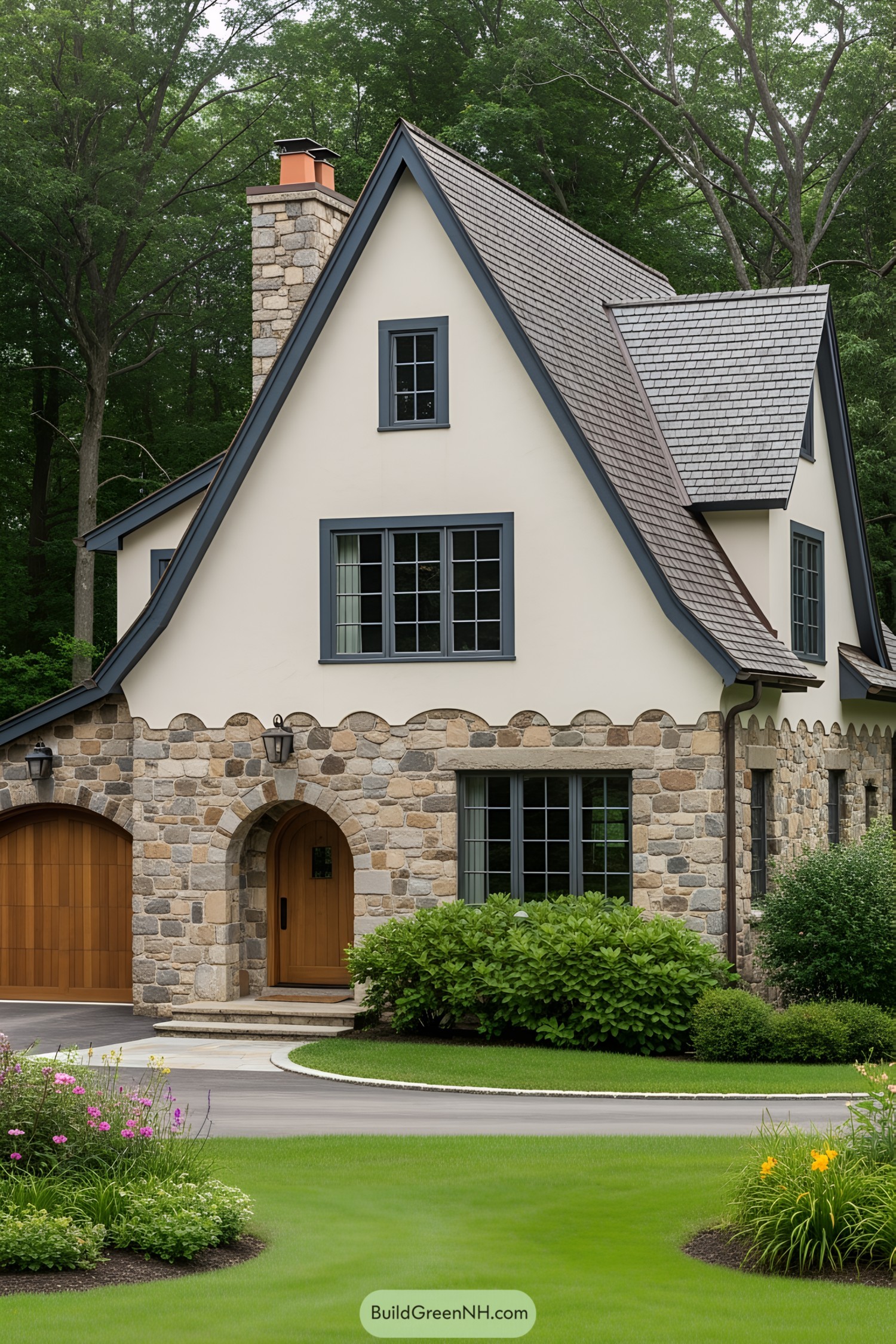 Charming stone farmhouse with steep roof and wooden accents