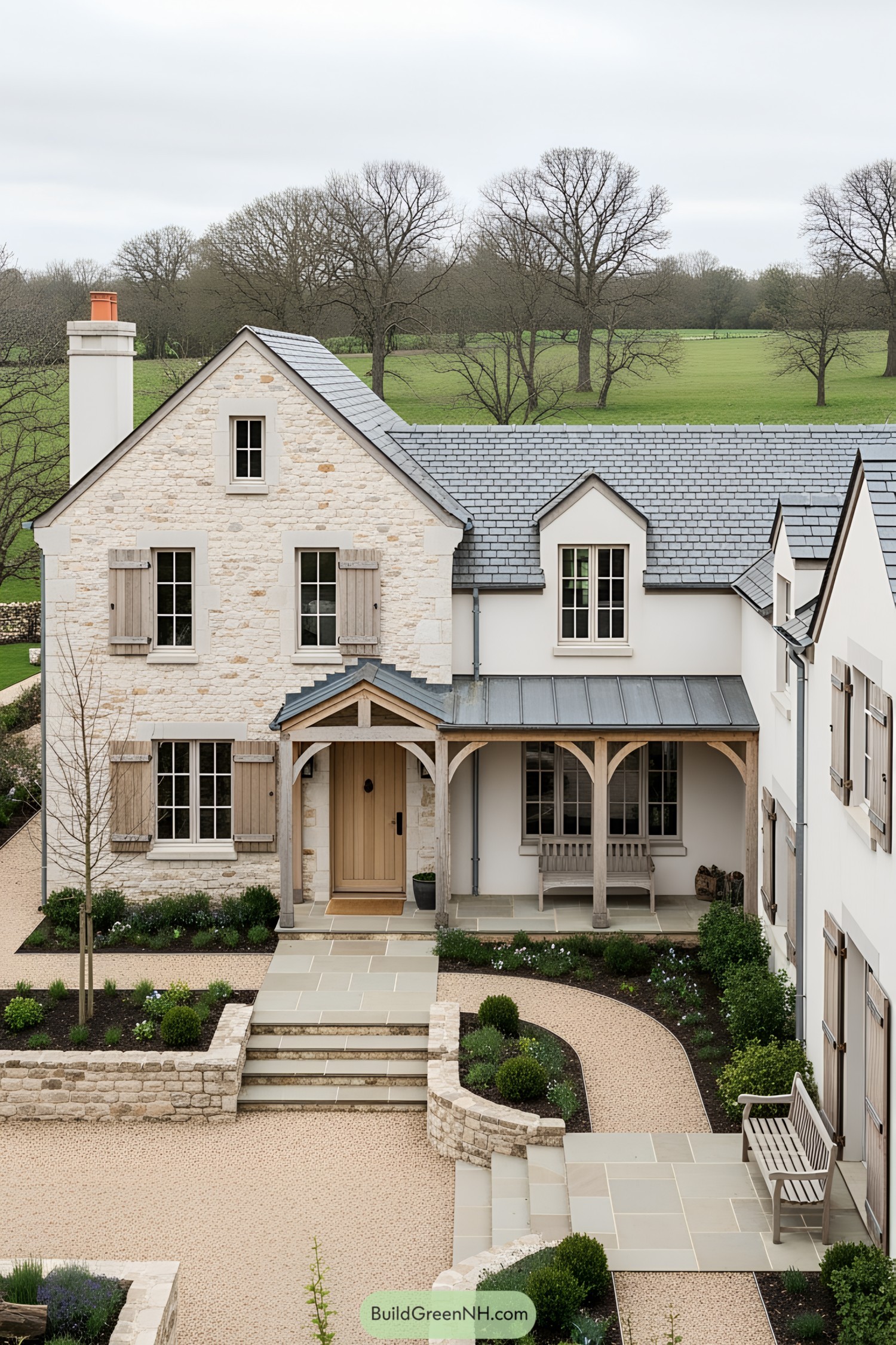 Charming farmhouse with stone exterior and serene setting