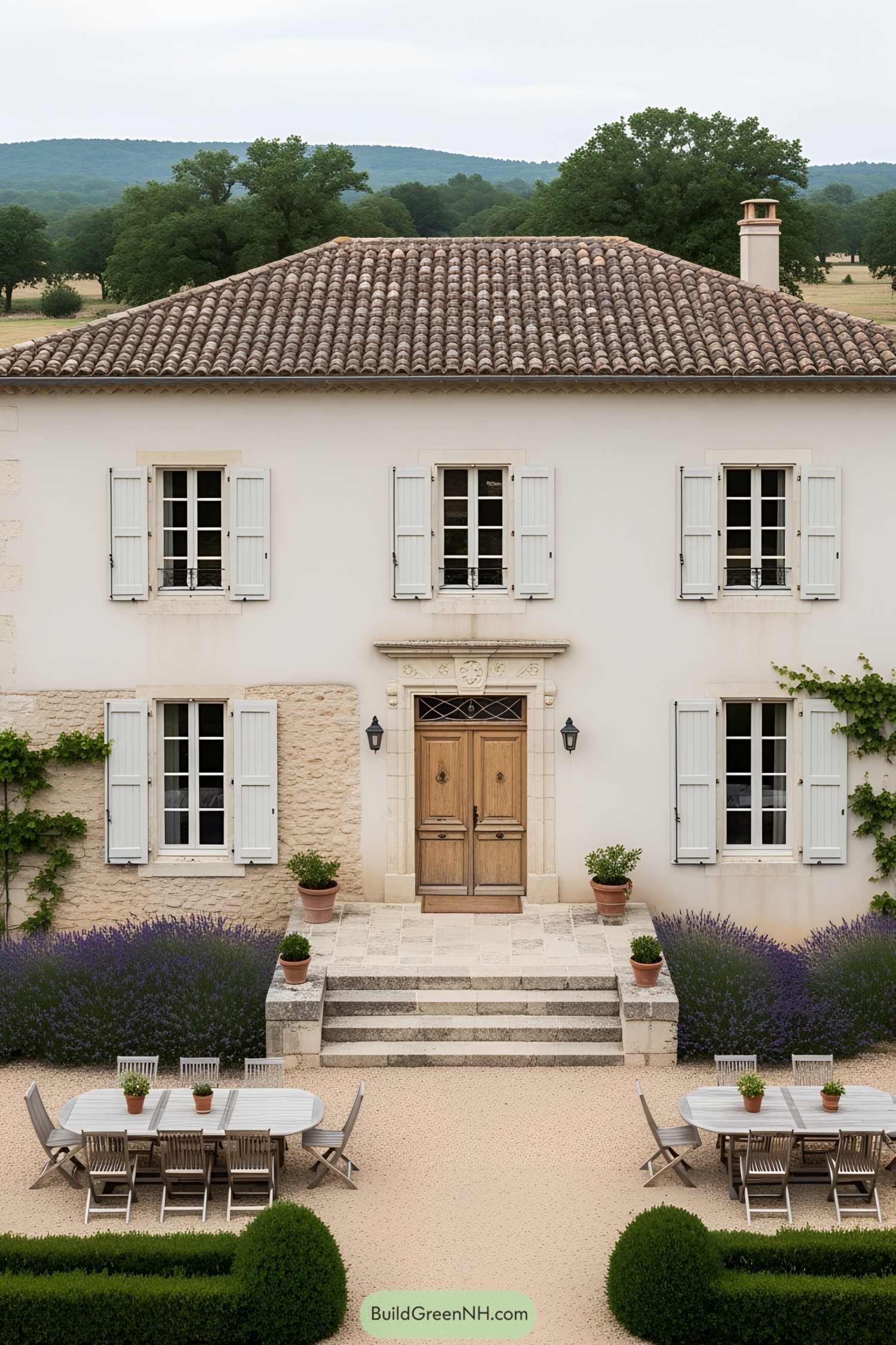 Elegant farmhouse entrance with charming outdoor seating