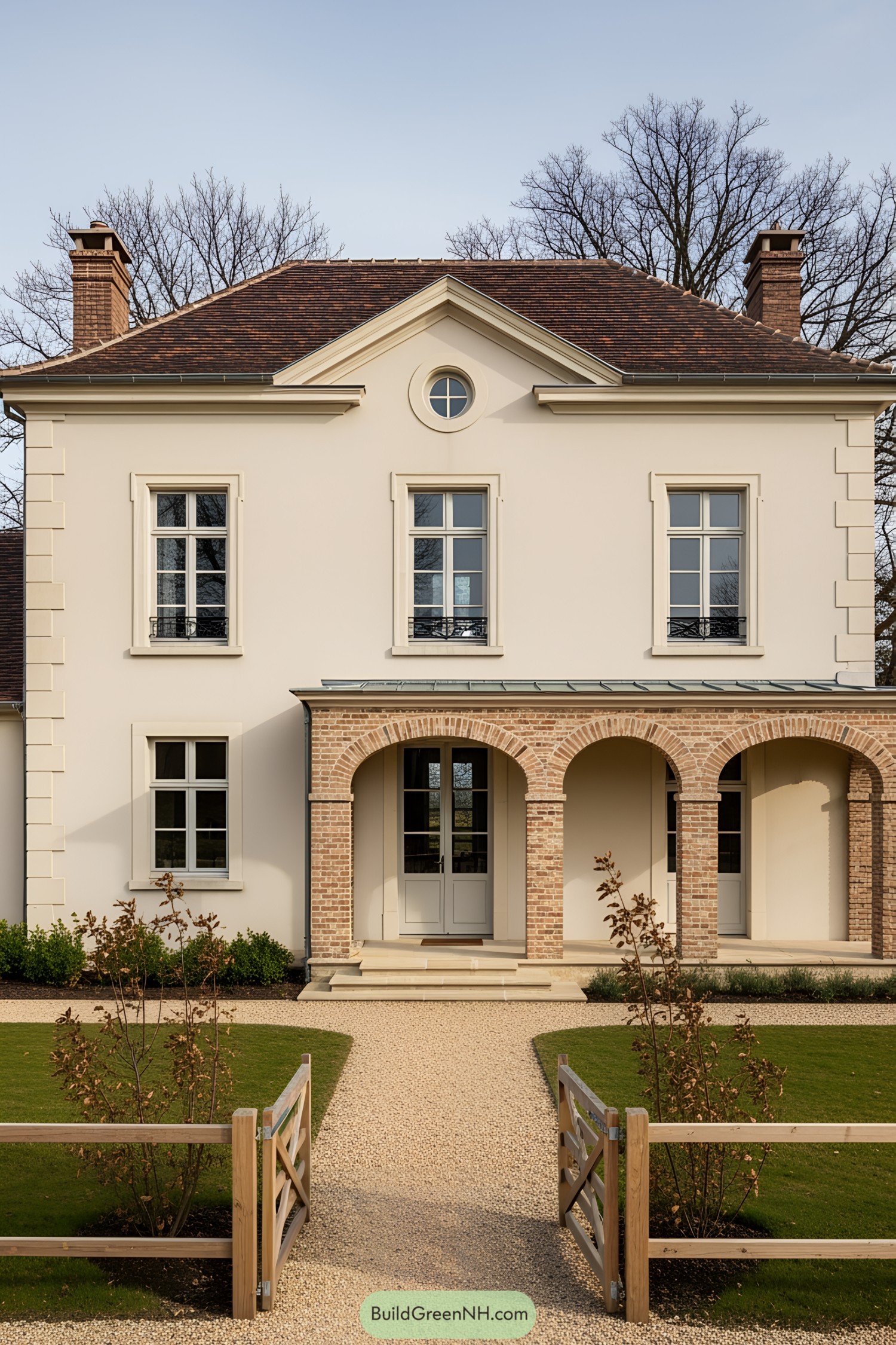 A classic farmhouse with arched brick verandah and manicured garden