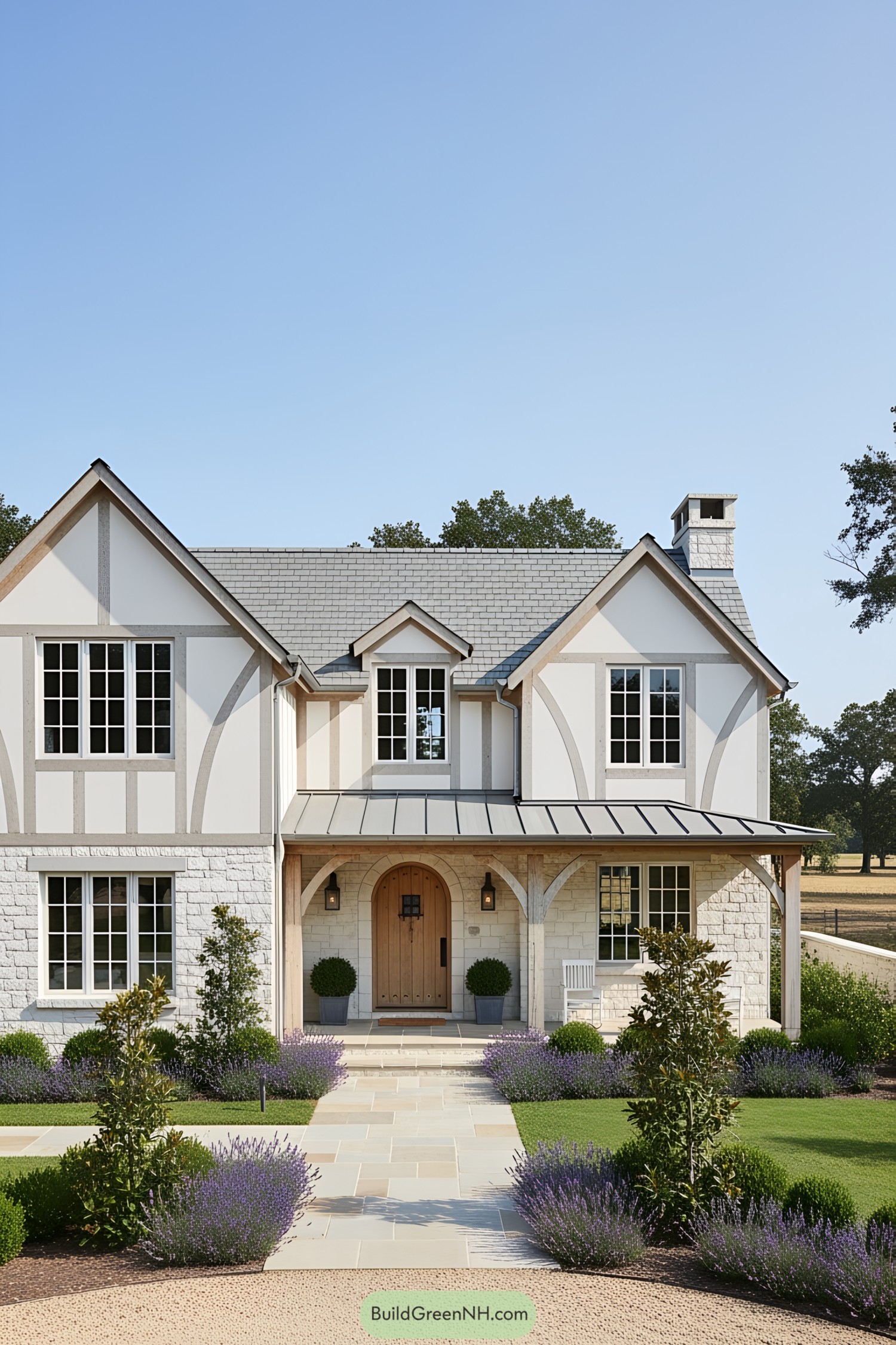 Modern farmhouse with Tudor-style elements and lush garden