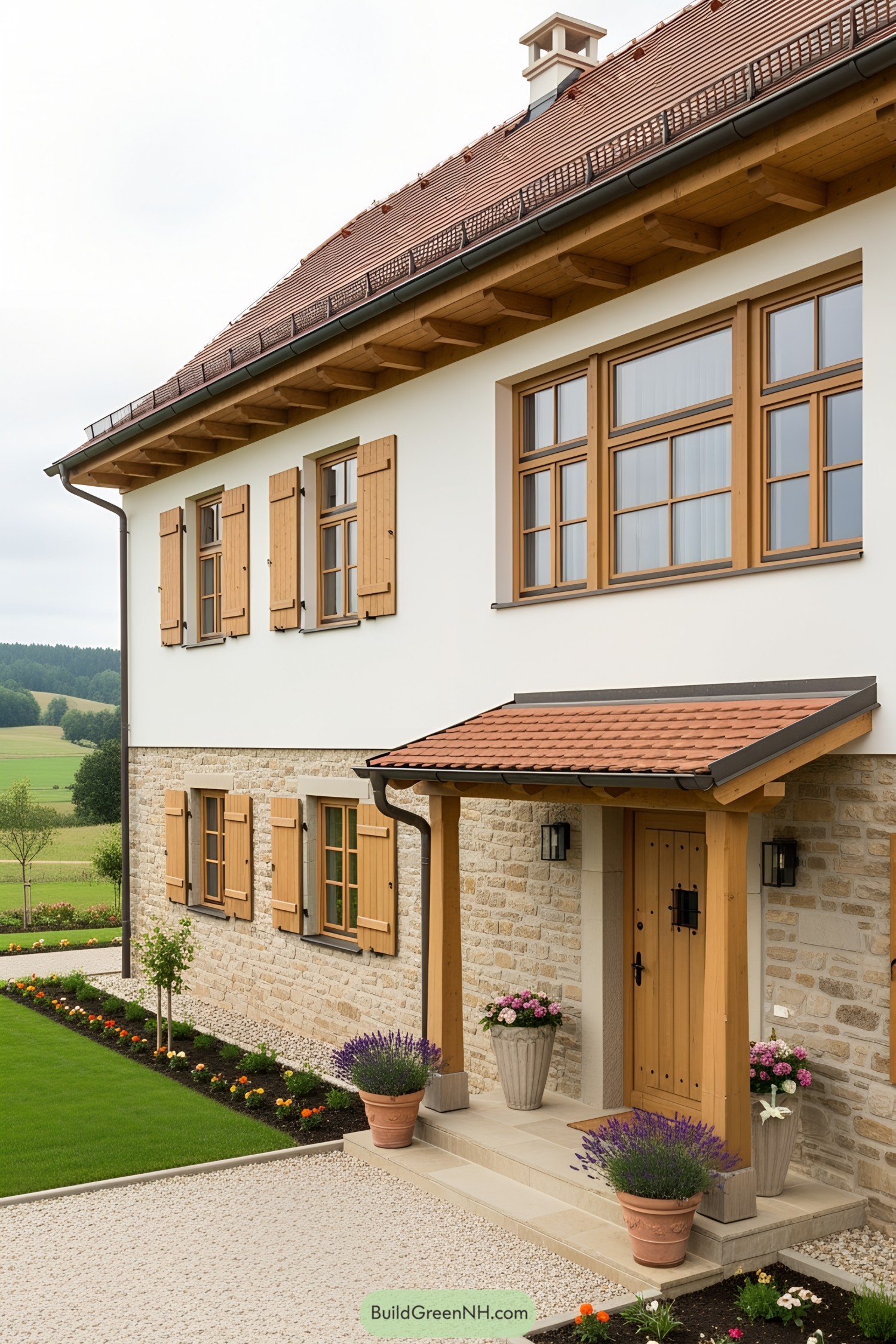 European farmhouse with wooden shutters and stone facade