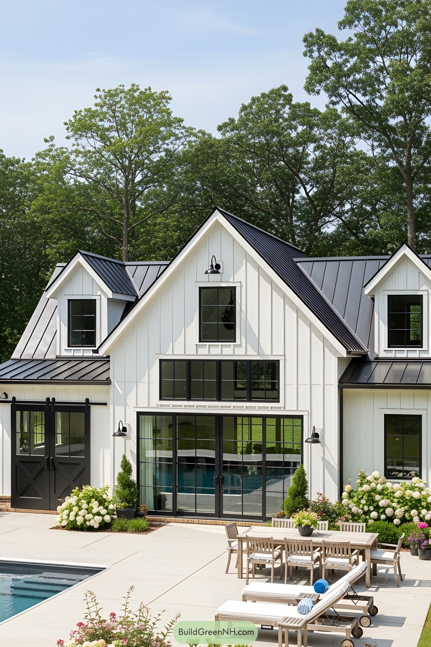 Modern farmhouse pool house with patio