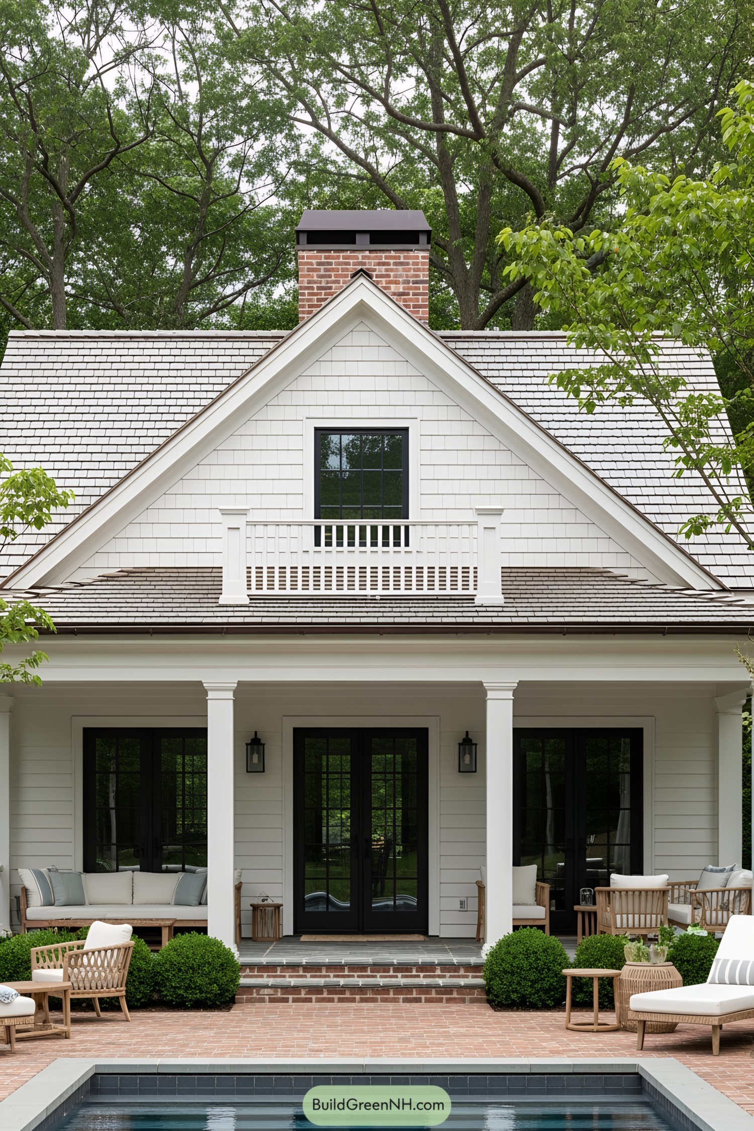 Poolside farmhouse with white siding and porch