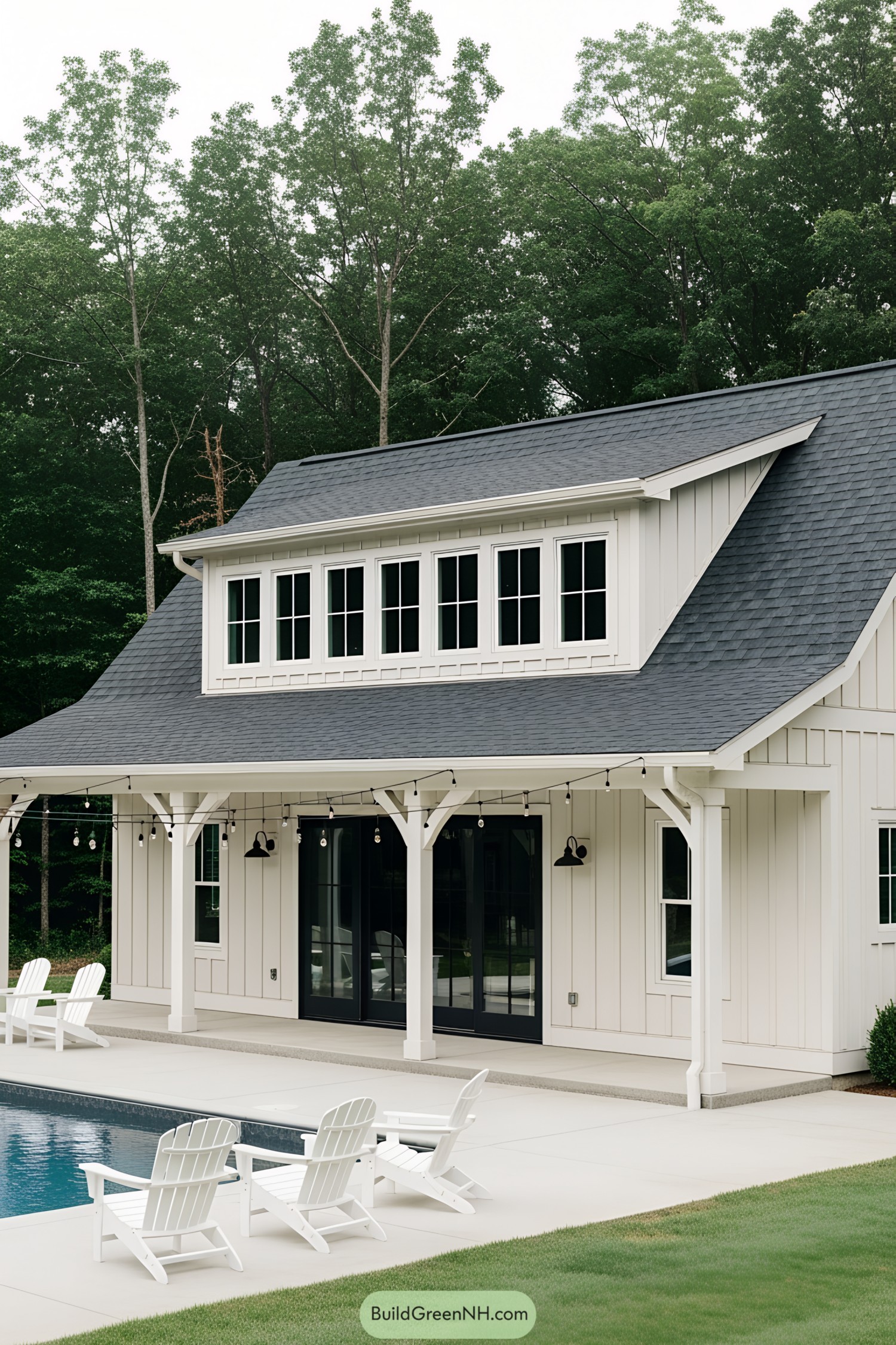 Farmhouse pool house with white façade and black windows