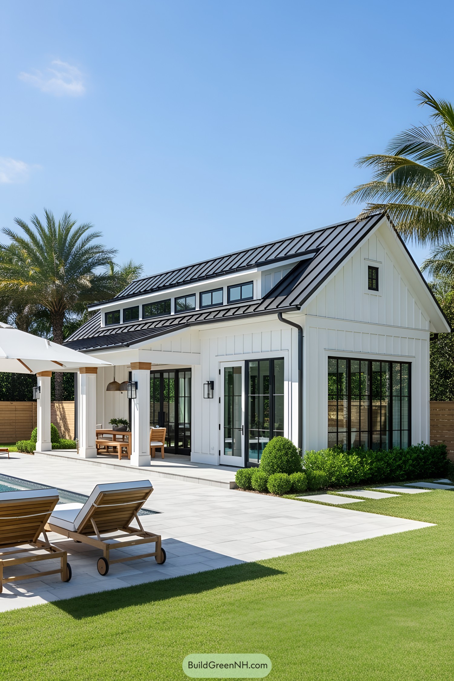 Modern farmhouse pool house with patio and palm trees