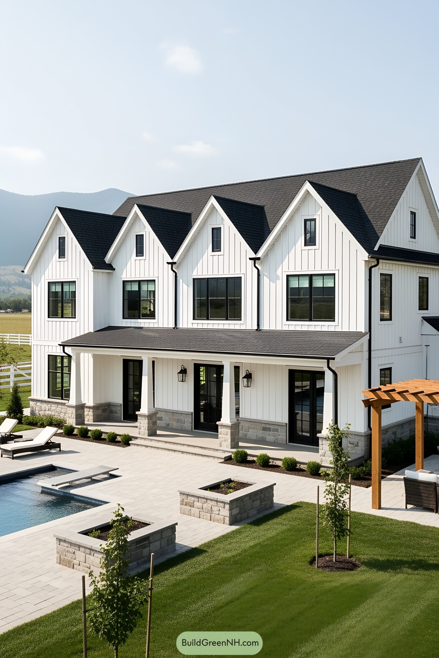 Farmhouse with pool and manicured lawn