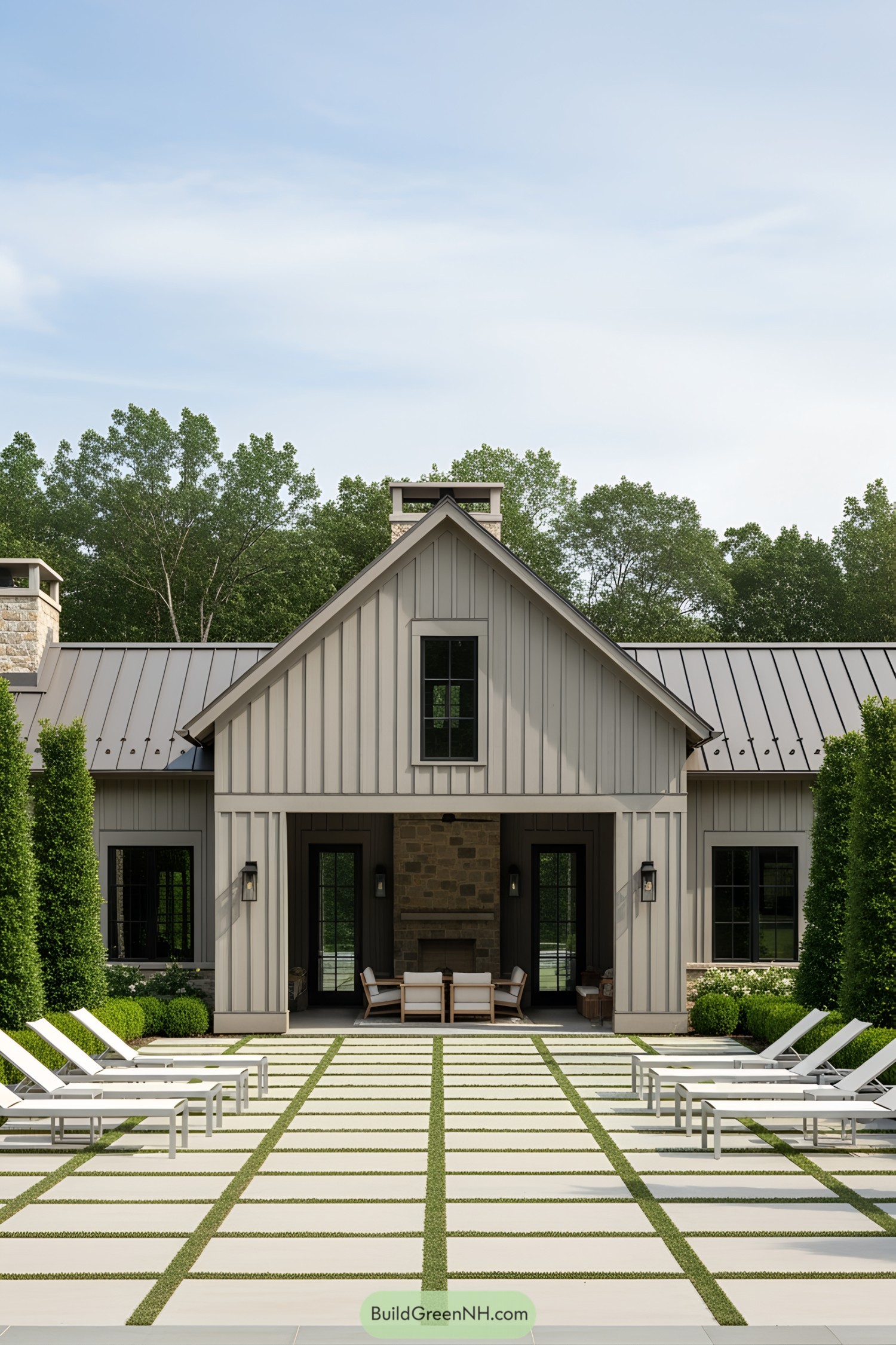A chic farmhouse pool house with inviting lounge chairs