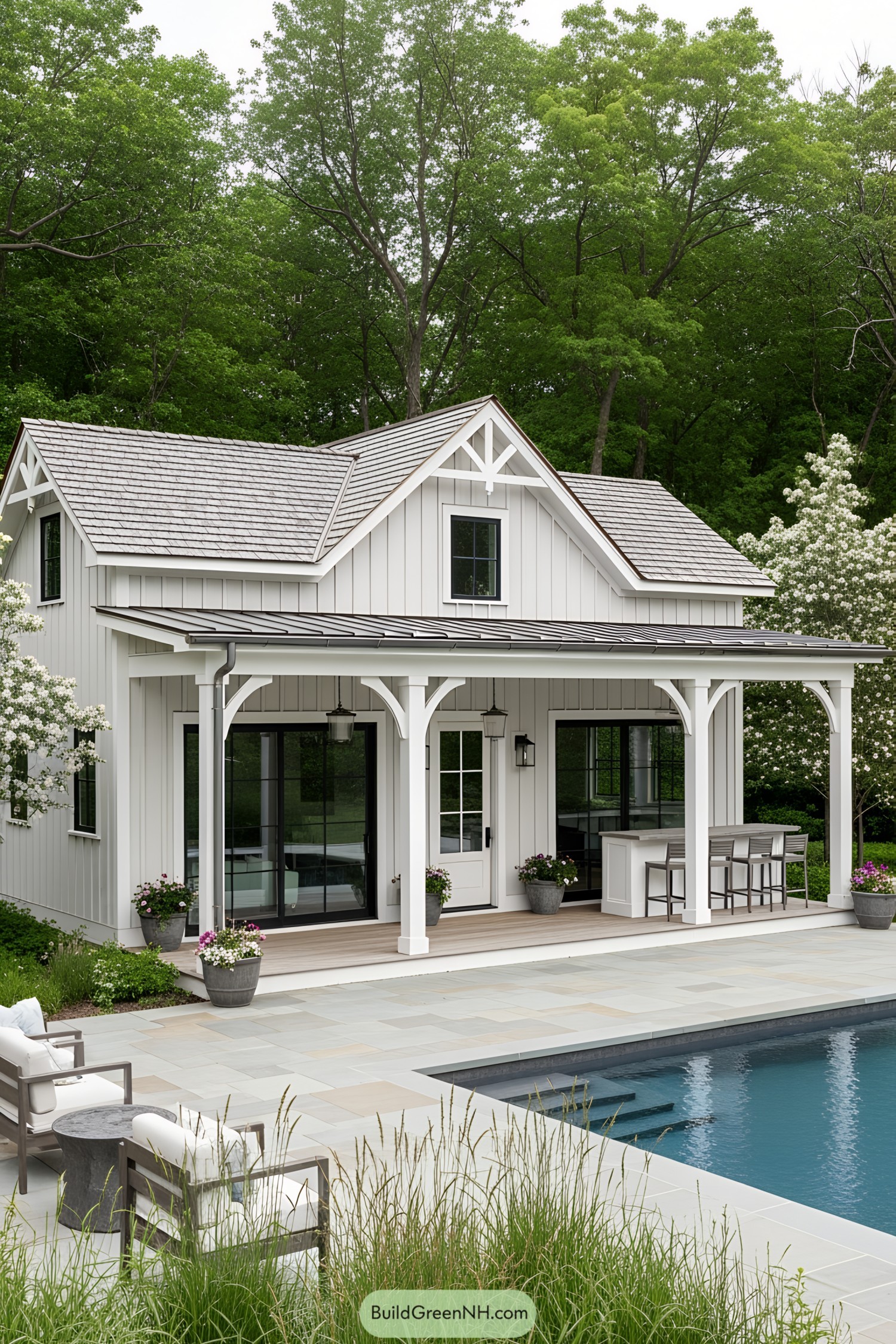 Farmhouse pool house with porch and pool