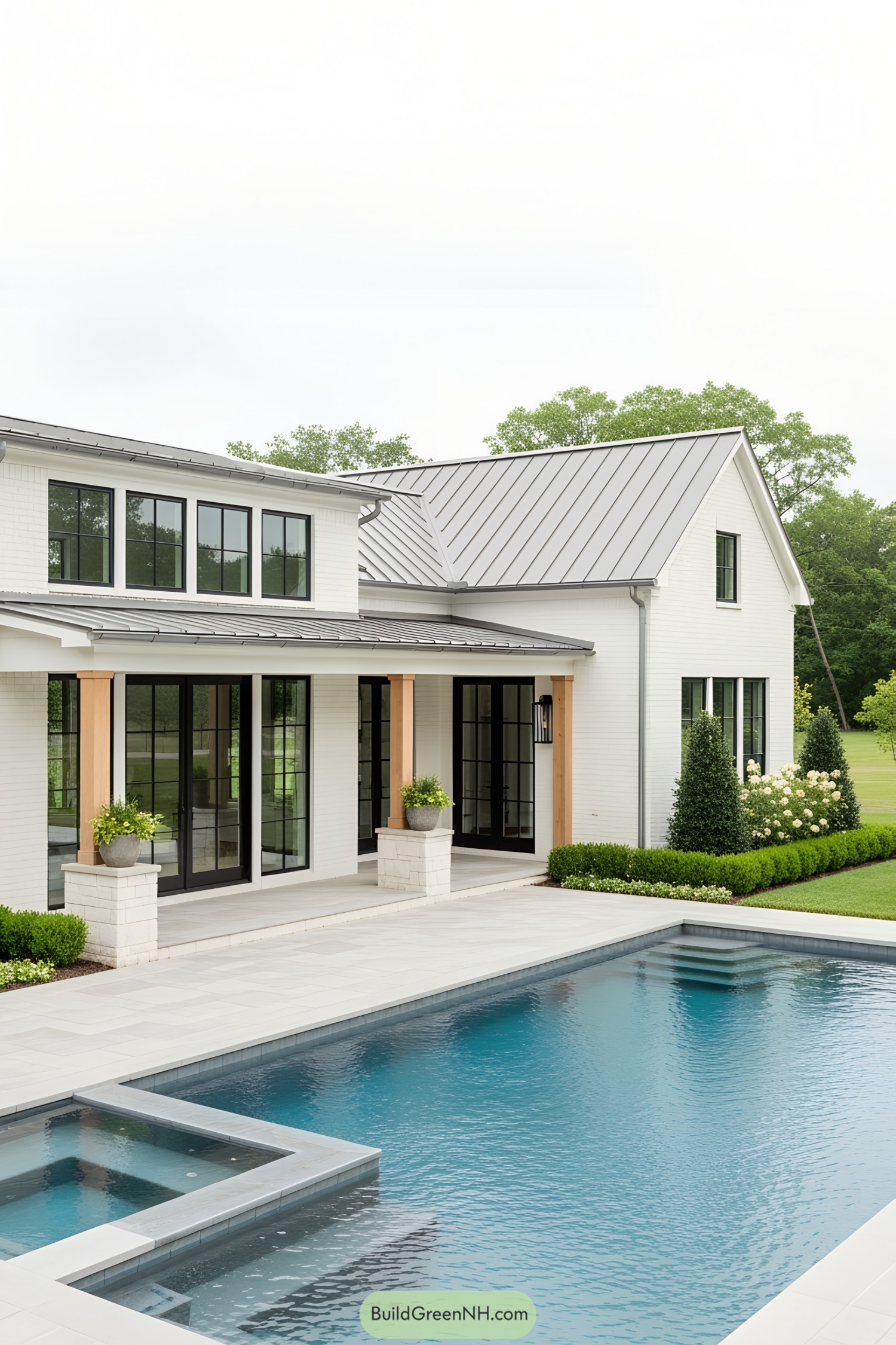 Farmhouse pool house with a sleek design