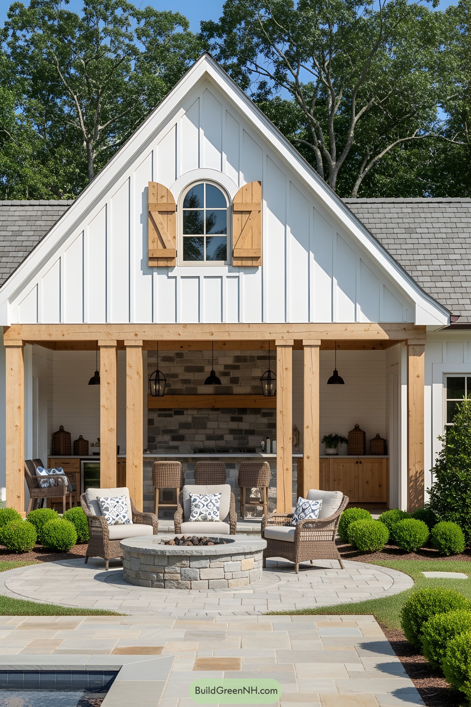 Cozy poolside cottage with rustic charm and inviting seating