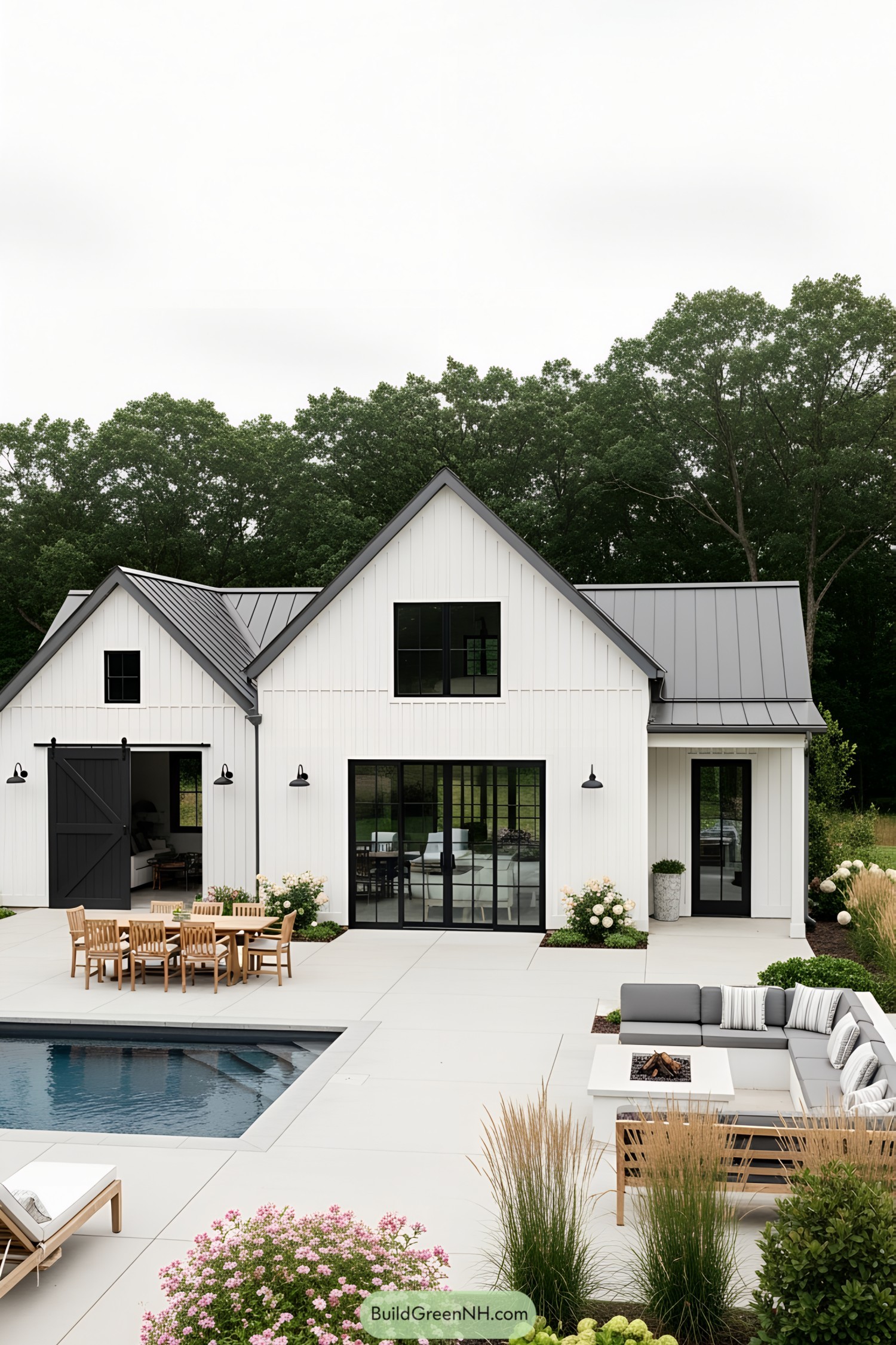 Cozy, white farmhouse pool house with a modern patio