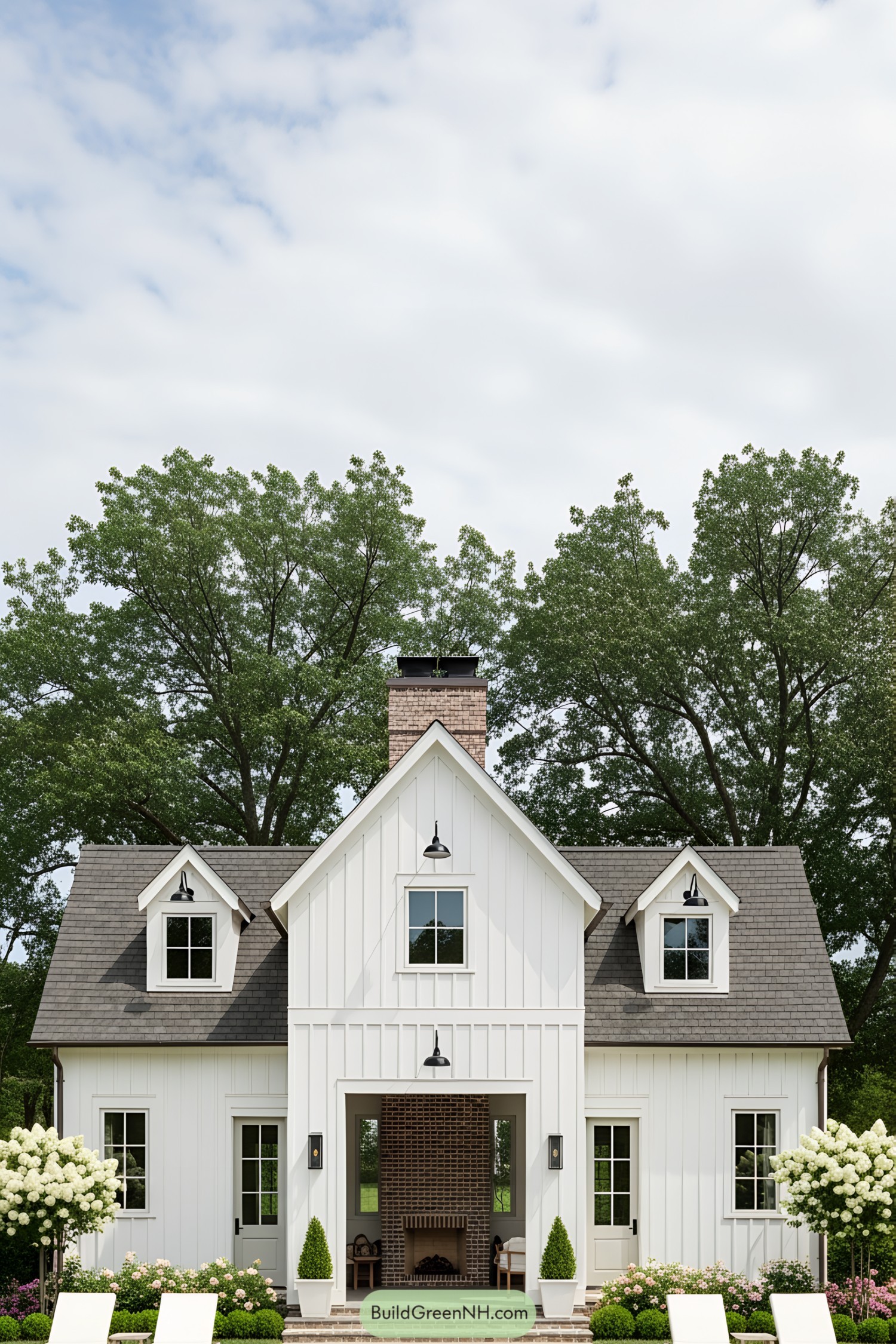 Cozy white pool house with rustic charm