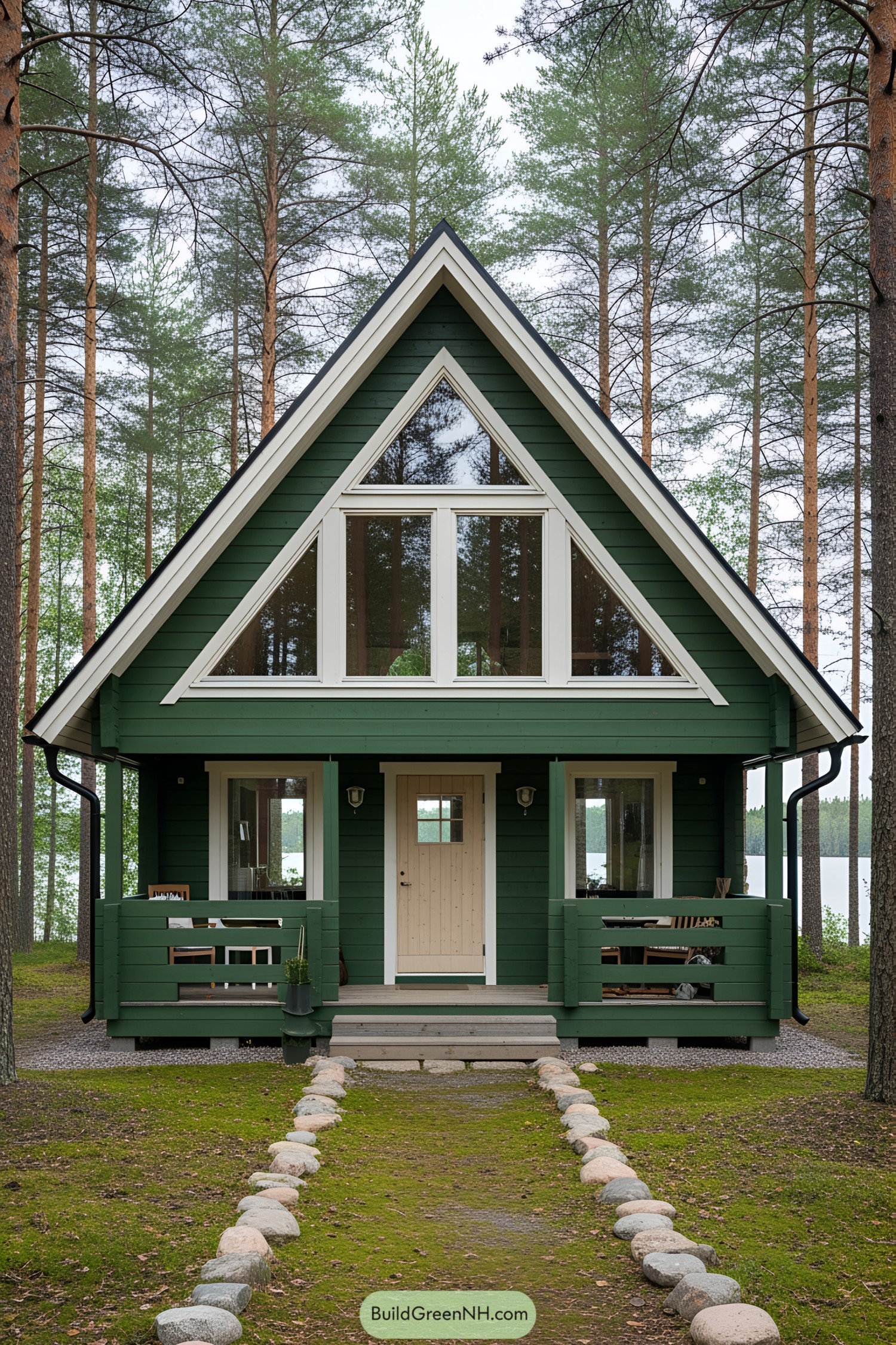 Green A-frame cottage surrounded by pine trees