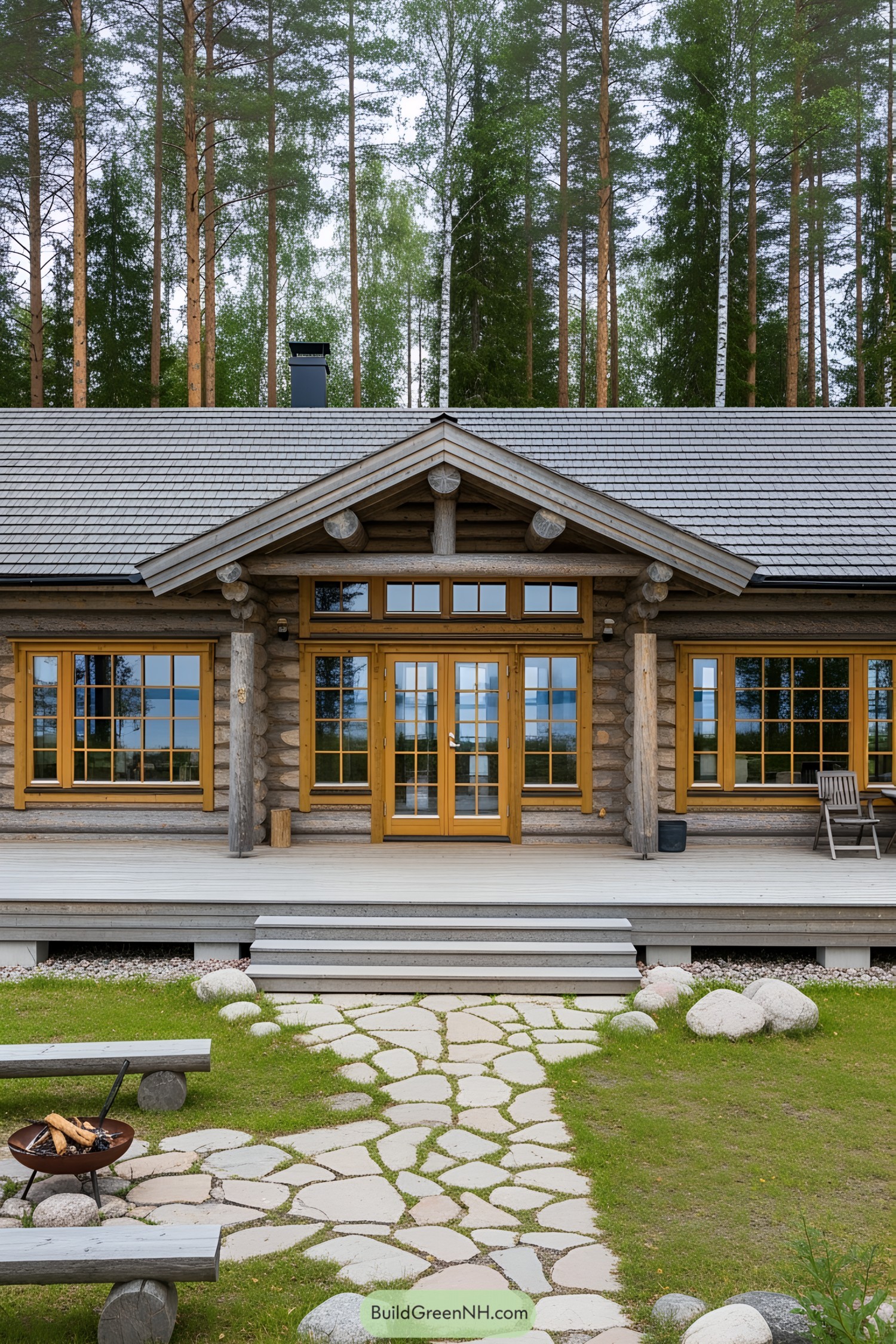 Charming wooden cabin with sunny porch amidst forest