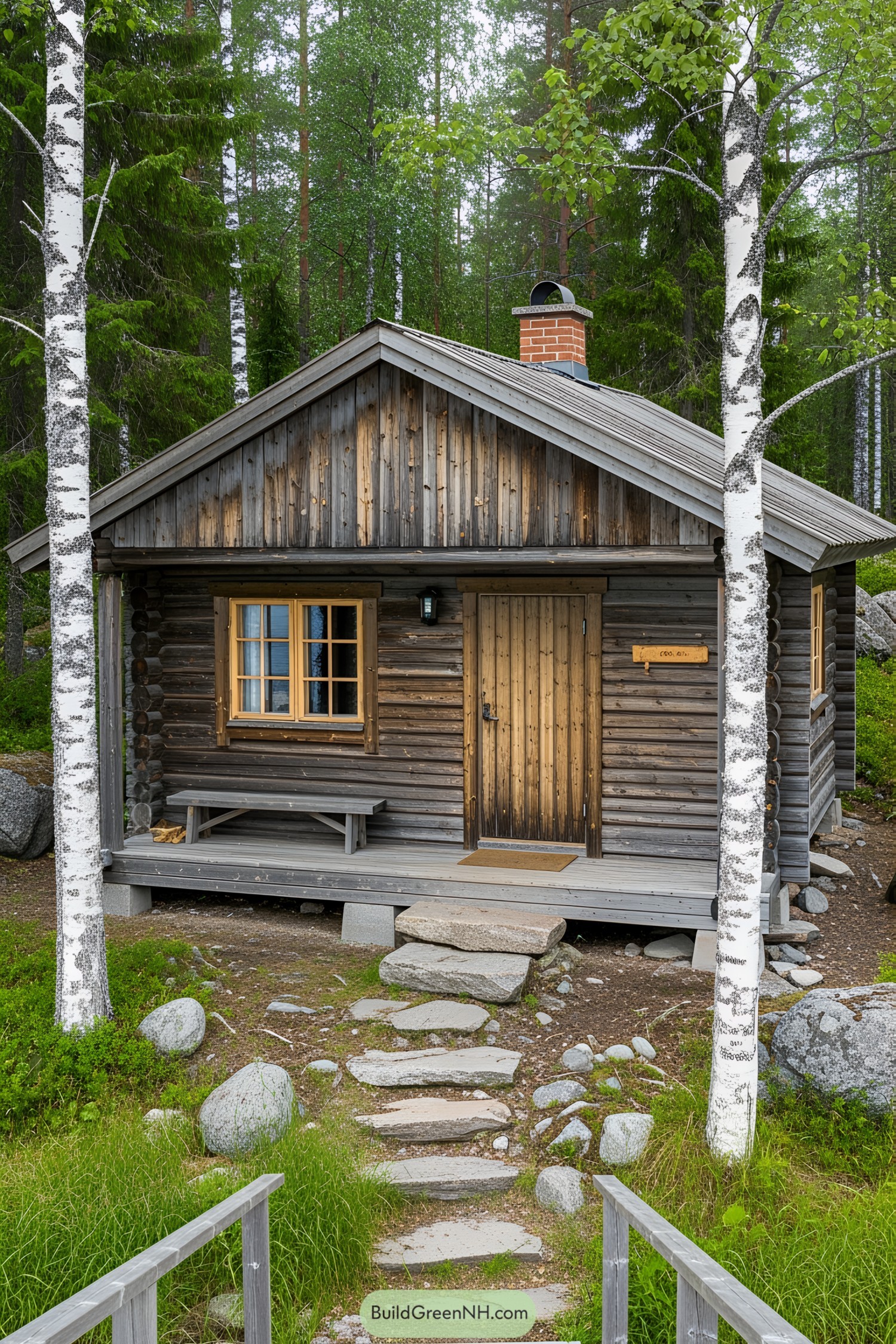 Wooden cabin surrounded by birch trees