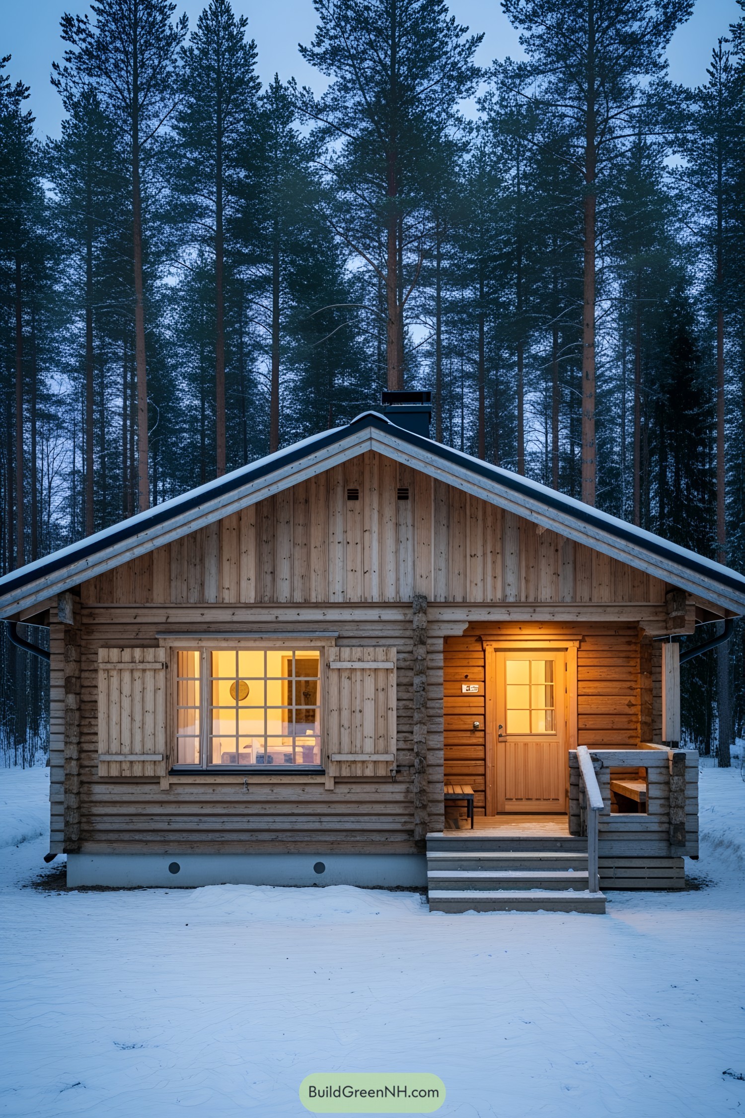 Cozy cottage with glowing windows in snowy forest