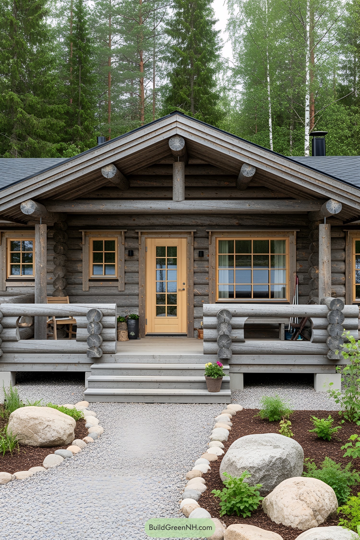 Wooden log cabin with plants and stones in front
