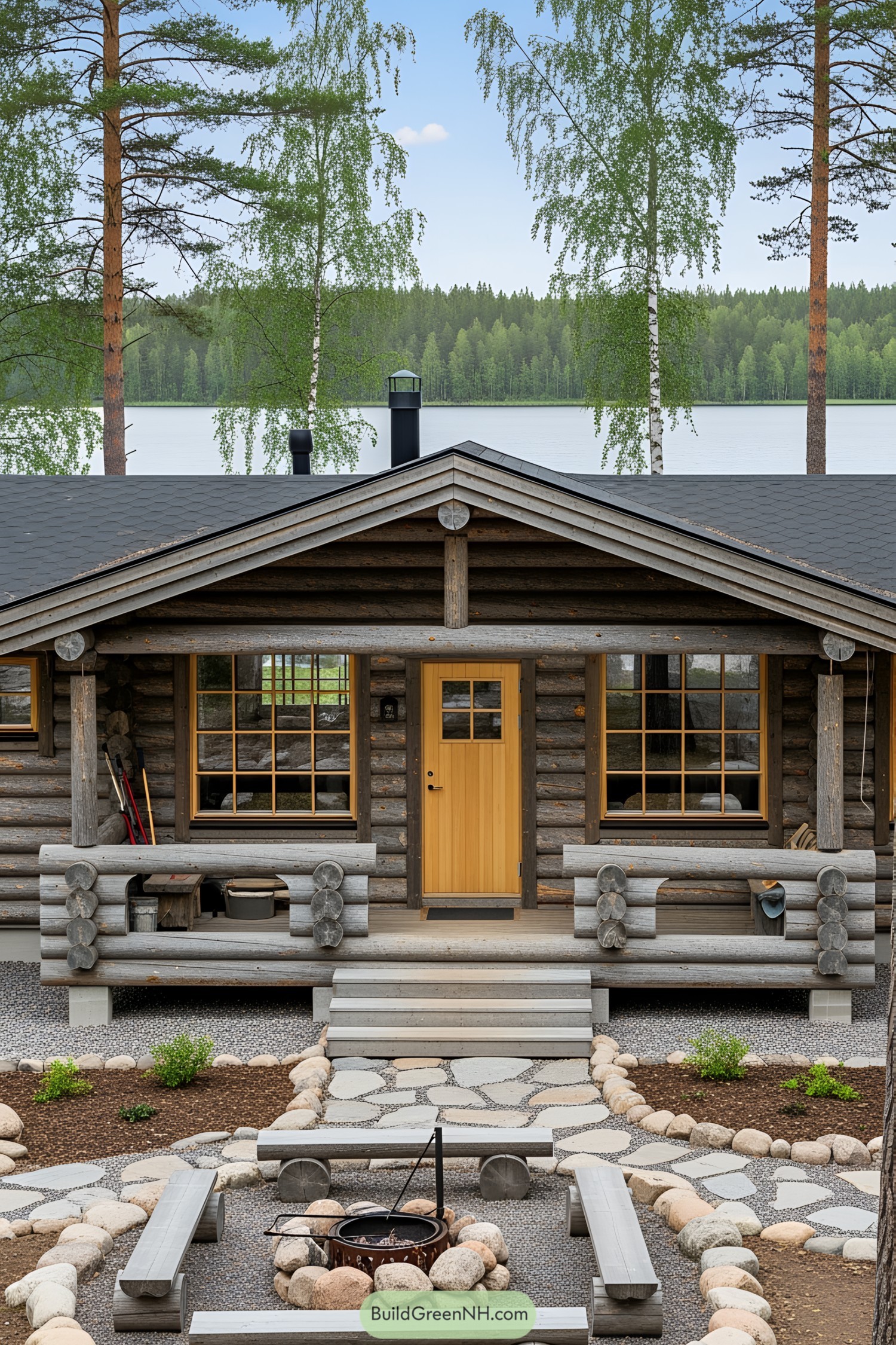 Log cabin with wooden porch and stone pathway by the lake